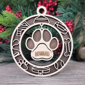 Personalized Dog Paw Ornament, Custom Pet Name Ornament, Holiday Wood Ornament, Dog Lover Gift, Pet Memorial Ornament, Engraved Ornament