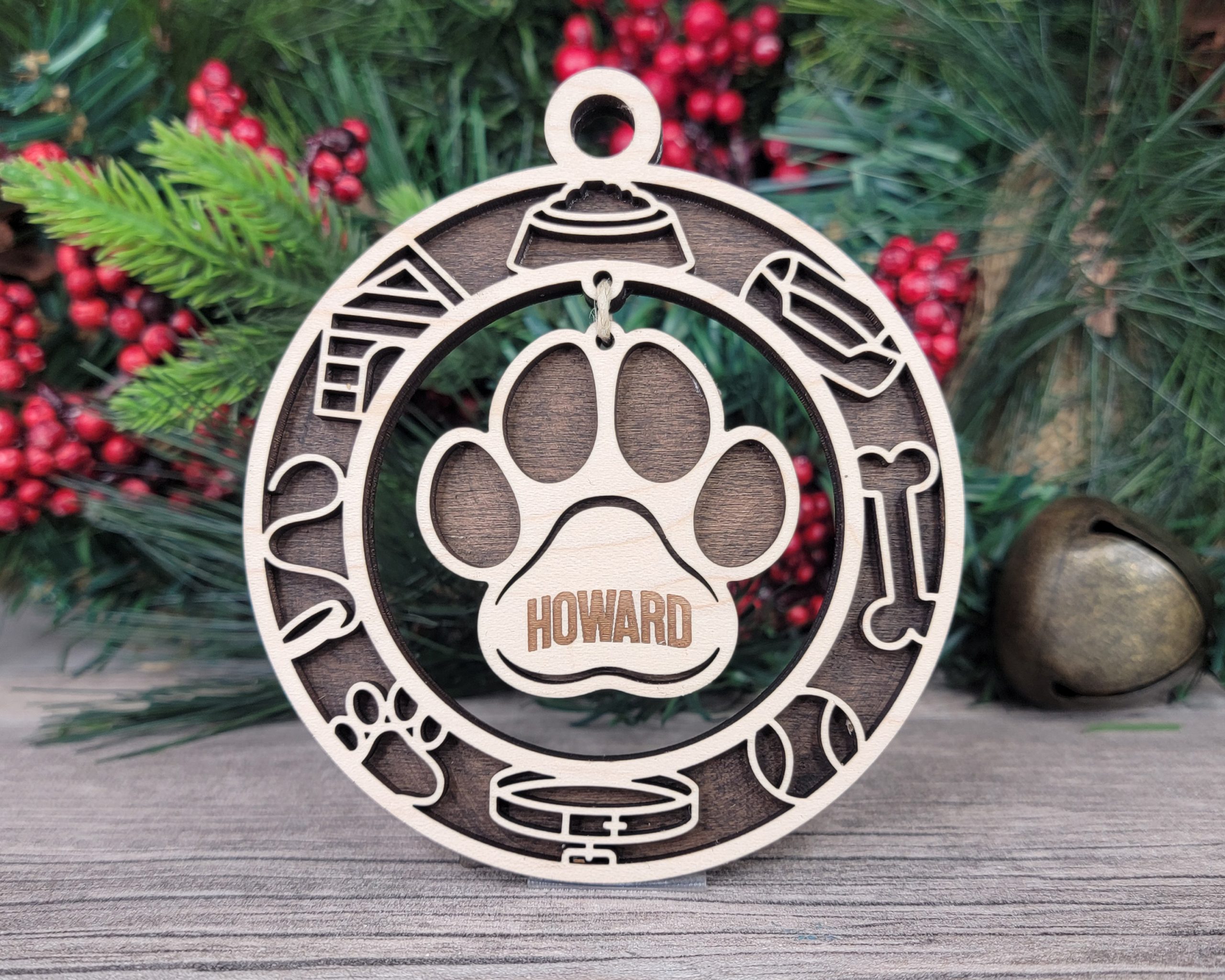 Personalized Dog Paw Ornament, Custom Pet Name Ornament, Holiday Wood Ornament, Dog Lover Gift, Pet Memorial Ornament, Engraved Ornament