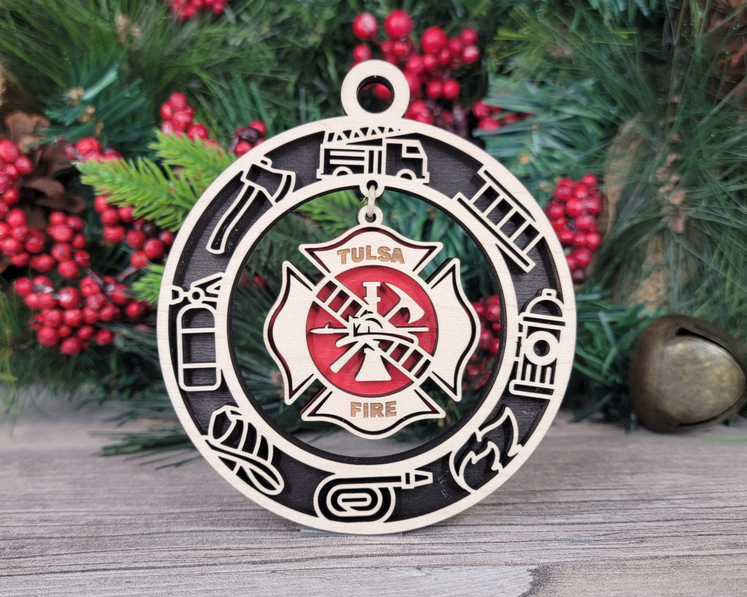 Tulsa Fire Ornament, Firefighter Gift, Fire Dept Decor, Rescue Wood Ornament, Tulsa Souvenir, Unique Christmas Wood Ornament