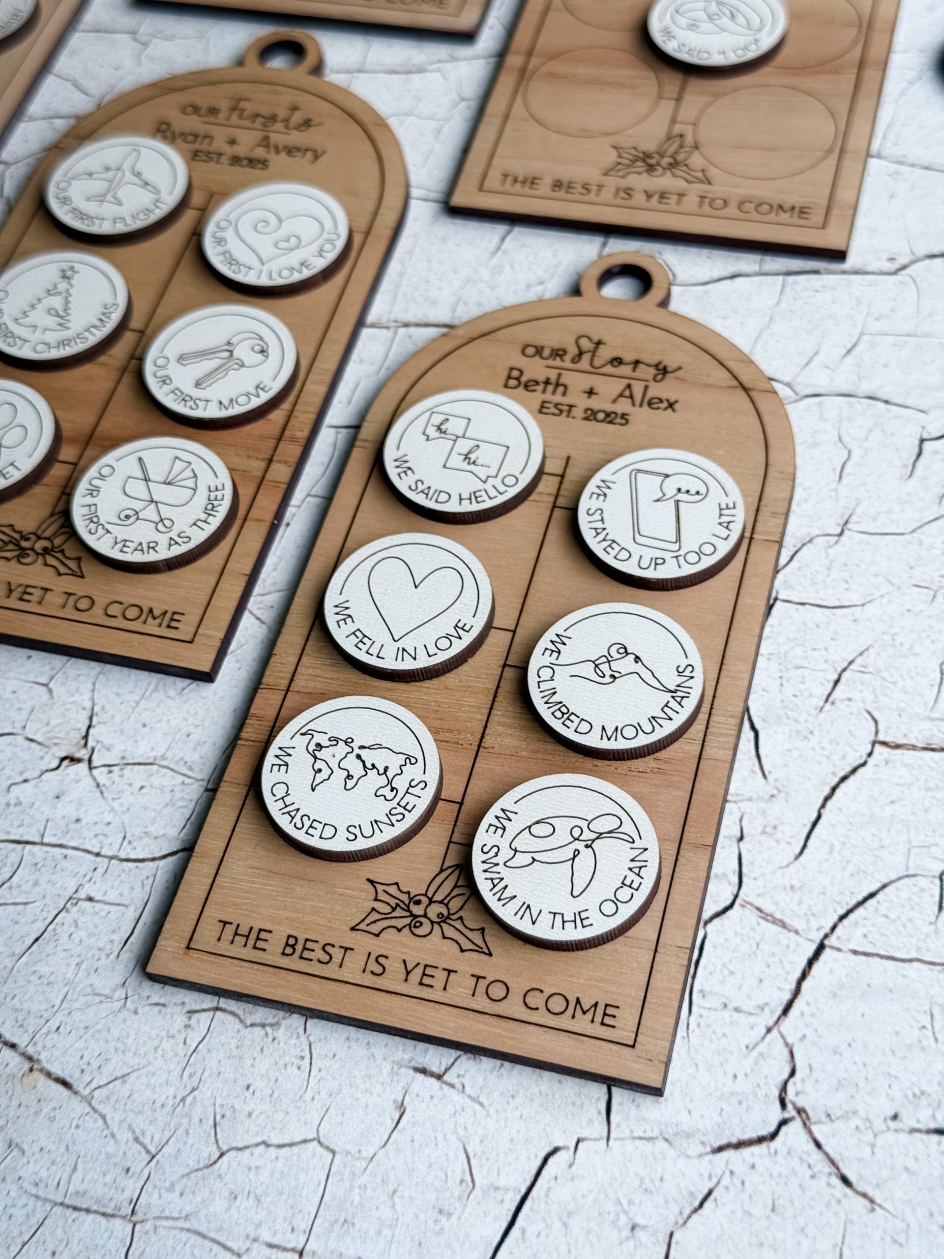 Our Story Wood Ornament, Personalized First Milestones Ornament, Couples Ornament, First Christmas Ornament, Custom Anniversary Gift - Image 15
