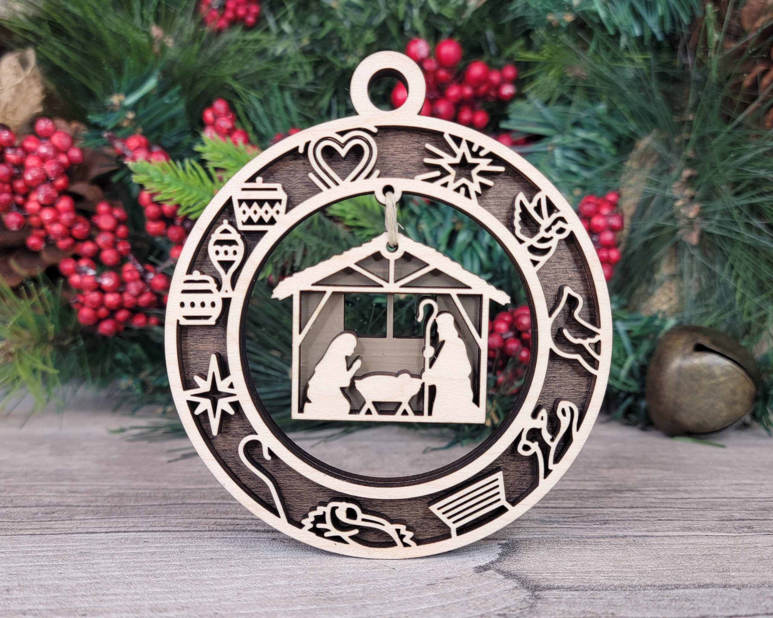 Nativity Scene Wood Ornament, Religious Christmas Decor, Christian Holiday Gift, Rustic Tree Ornament, Laser Cut Nativity Ornament