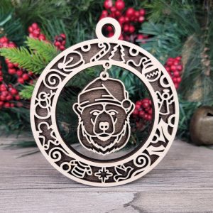 Bear Santa Hat Wood Ornament, Christmas Tree Ornament, Cute Holiday Ornament, Rustic Ornament, Laser Cut Wood Ornament, Gift Idea