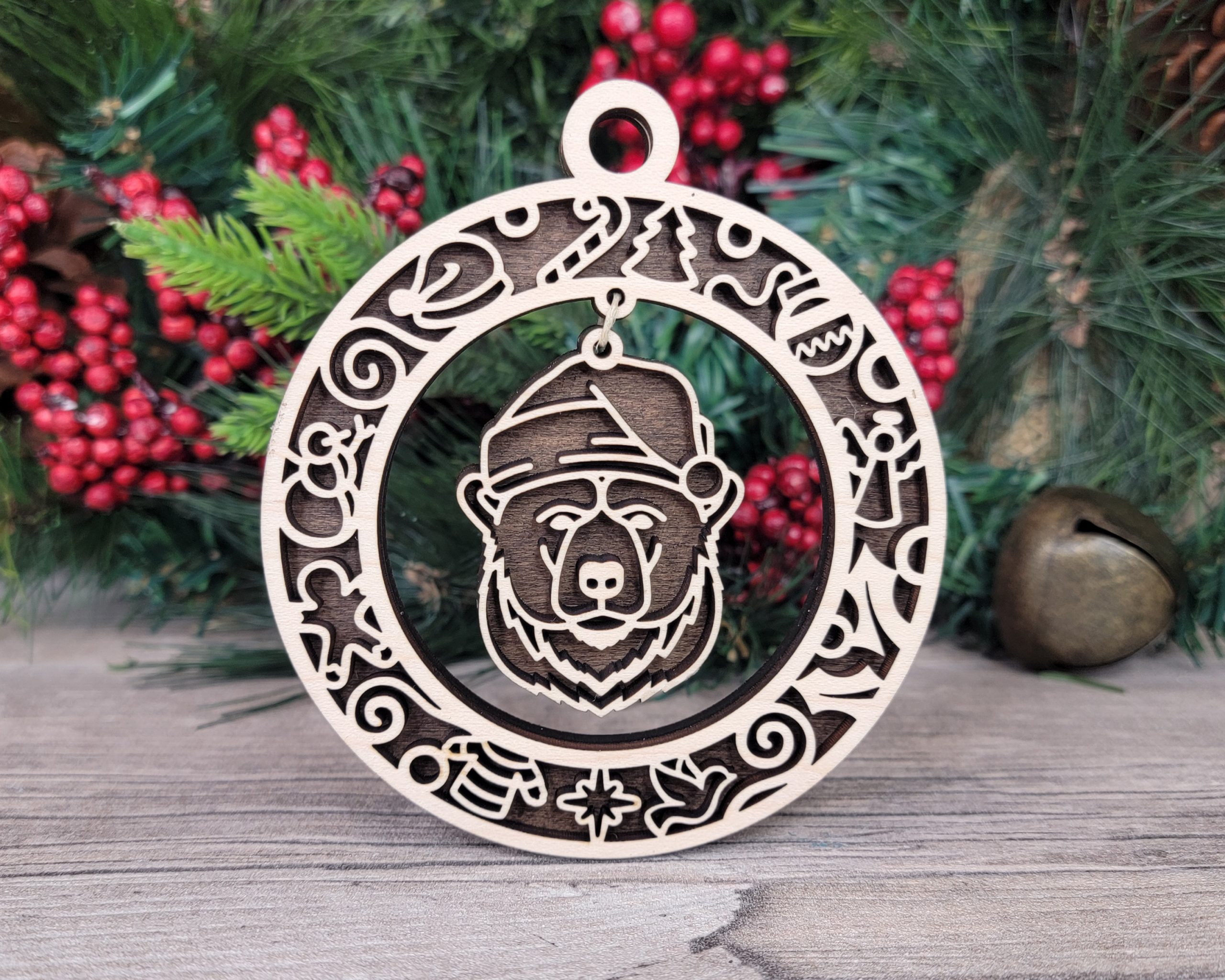 Bear Santa Hat Wood Ornament, Christmas Tree Ornament, Cute Holiday Ornament, Rustic Ornament, Laser Cut Wood Ornament, Gift Idea