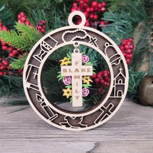 Personalized Religious Wood Ornament, Engraved Family Name Cross Gift, Custom Christian Keepsake, Unique Holiday Decoration