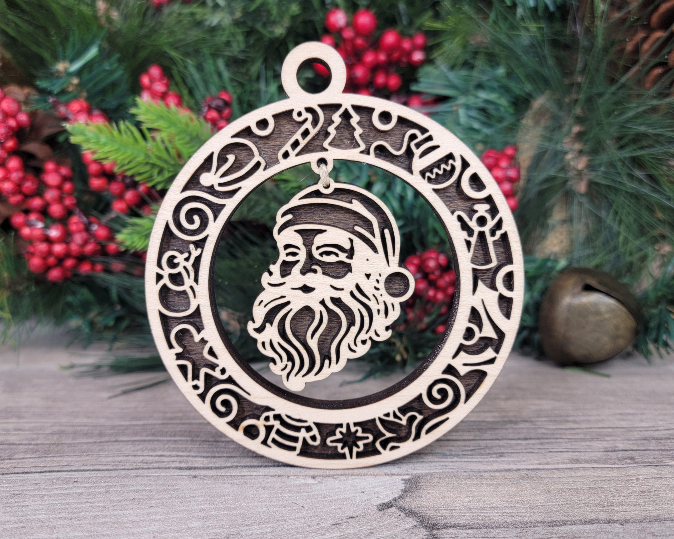 Santa Claus Wood Ornament, Holiday Decor, Laser Cut Ornament, Christmas Tree Decoration, Unique Gift, Festive Season, Wooden Ornament