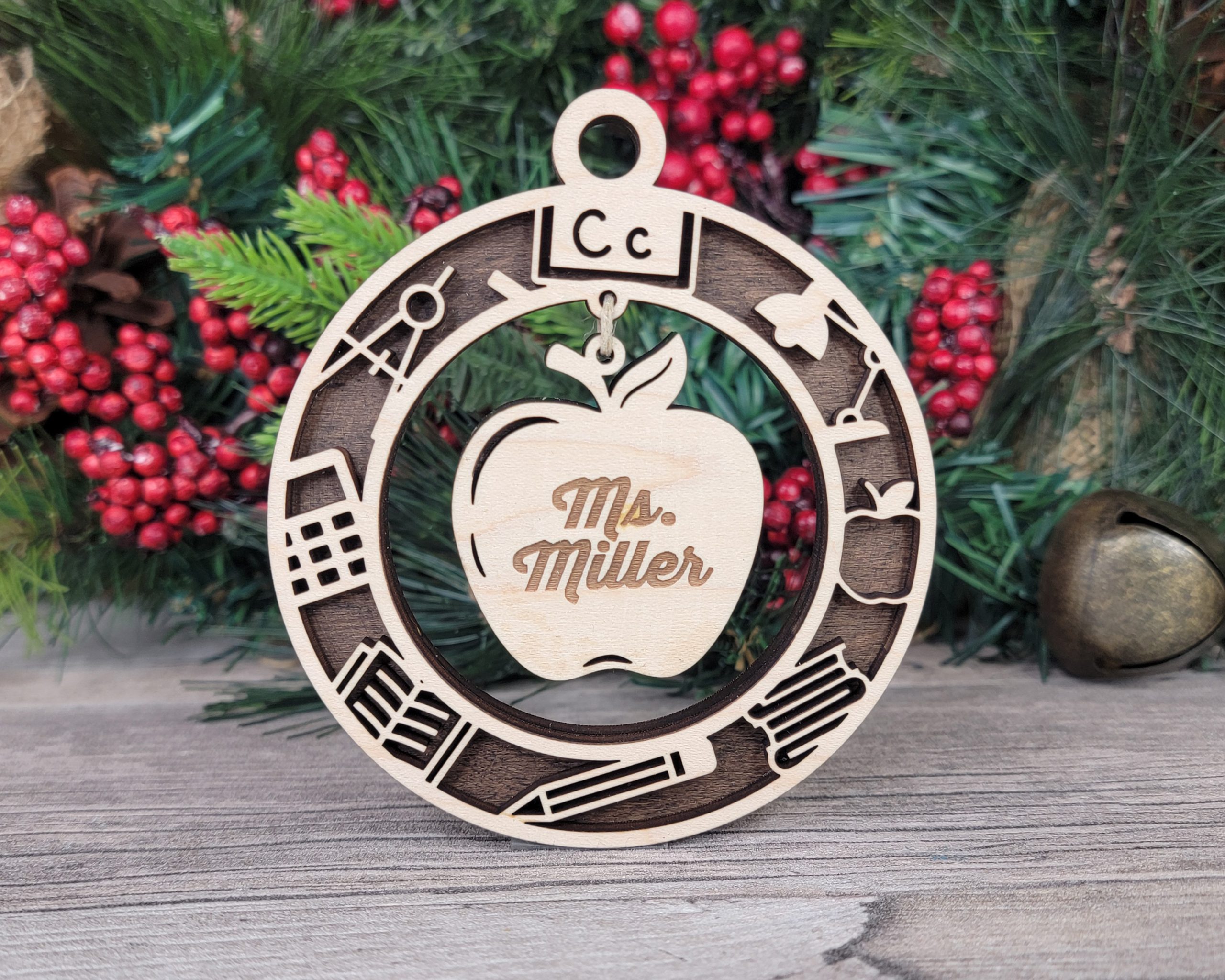 Personalized Teacher Gift Wood Ornament, Custom Name Apple Ornament, Teacher Appreciation, Unique Teacher Present, End of Year Gift