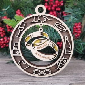 Personalized Wedding Wood Ornament, Custom Couple Names Ornament, Engagement Gift Ornament, Anniversary Ornament, Ring Ornament