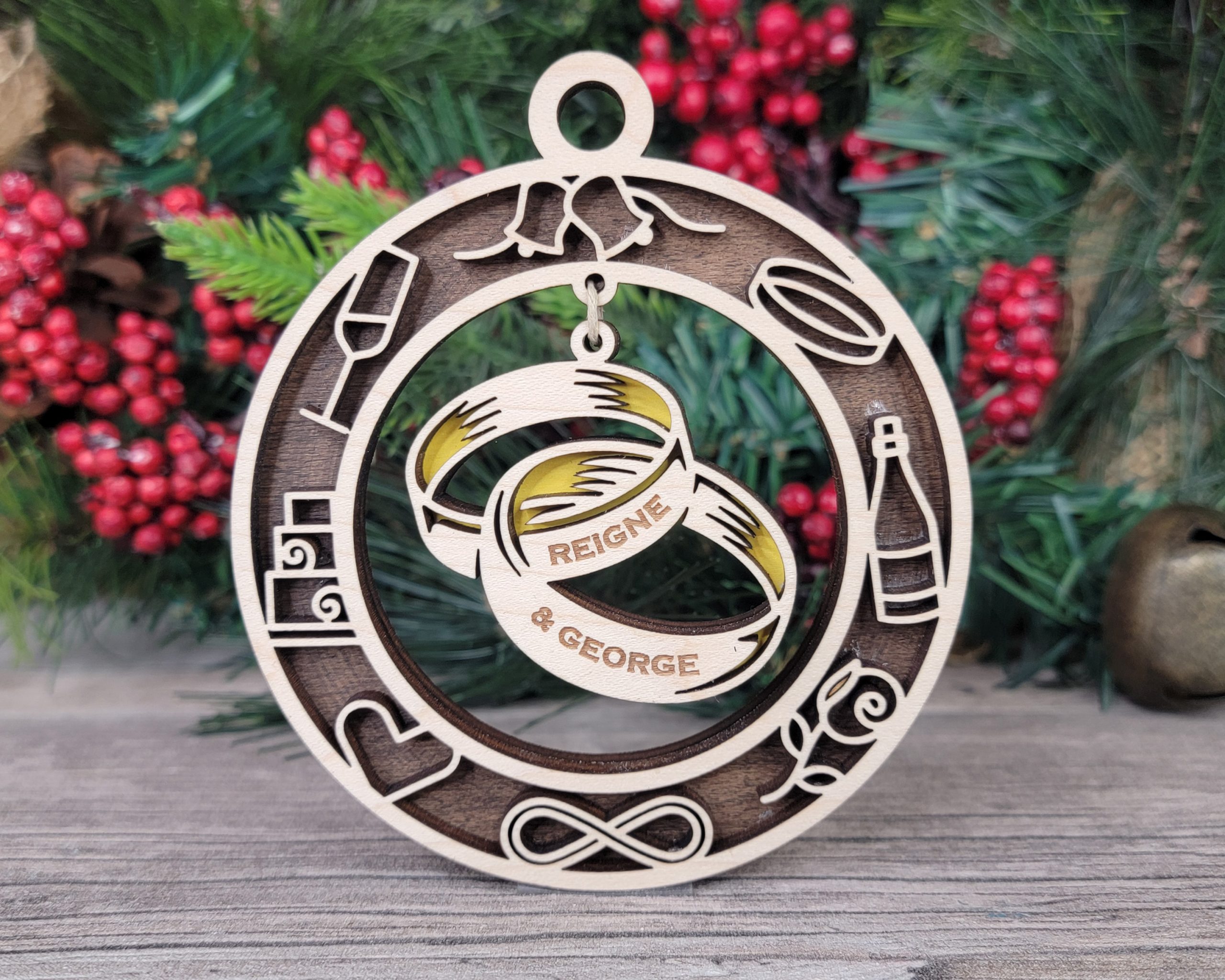 Personalized Wedding Wood Ornament, Custom Couple Names Ornament, Engagement Gift Ornament, Anniversary Ornament, Ring Ornament