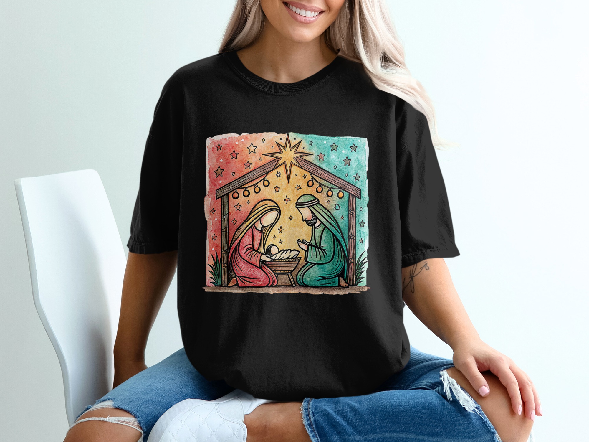 Nativity Scene T-Shirt, Christian Shirt, Christmas Gift, Watercolor Nativity, Mary Joseph Baby Jesus Tee, Religious Gift - Image 2