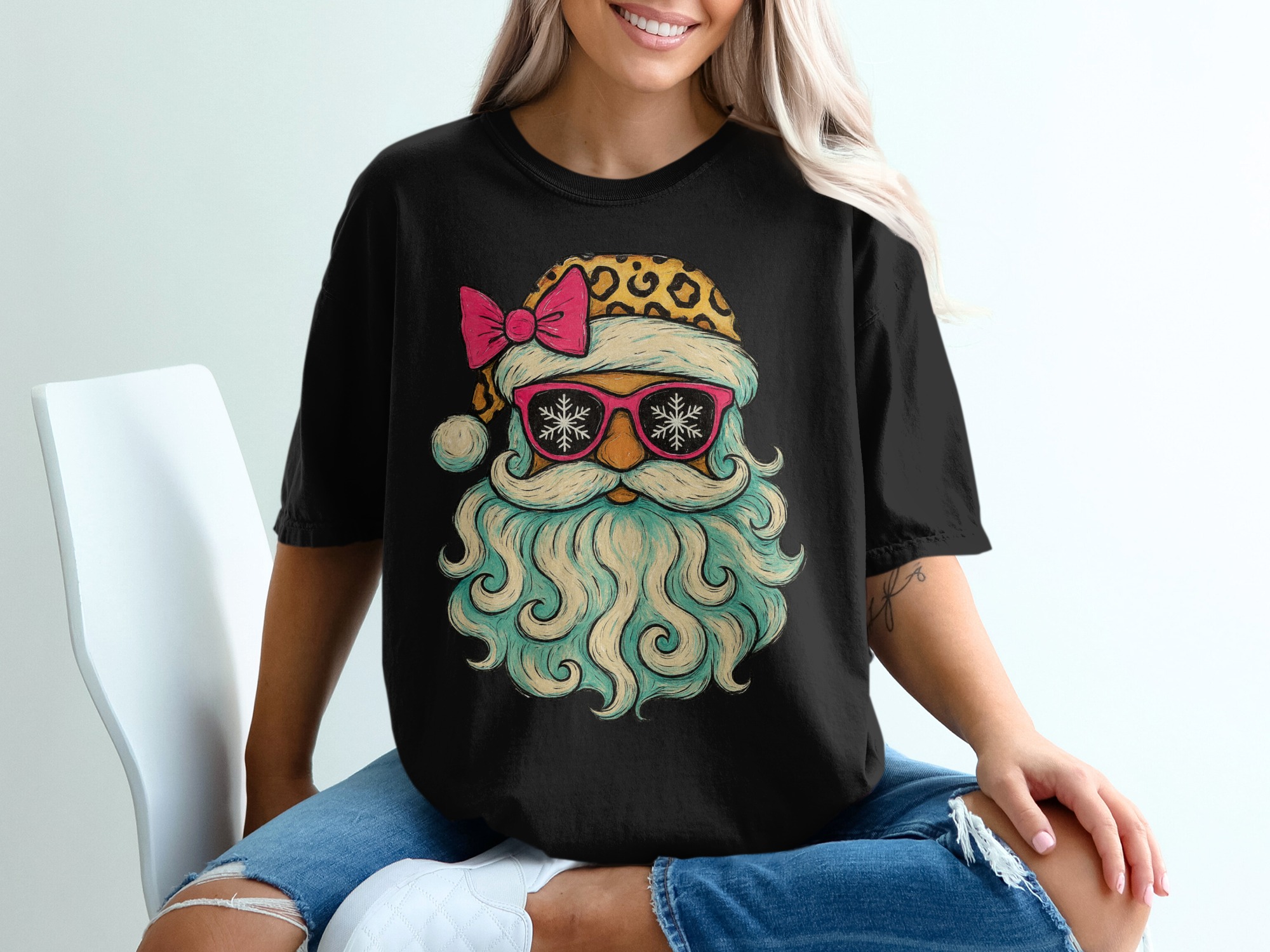 Cool Santa T Shirt, Leopard Print Santa, Trendy Santa, Santa with Sunglasses, Holiday T Shirt, Christmas Gift, Festive Santa Claus - Image 2