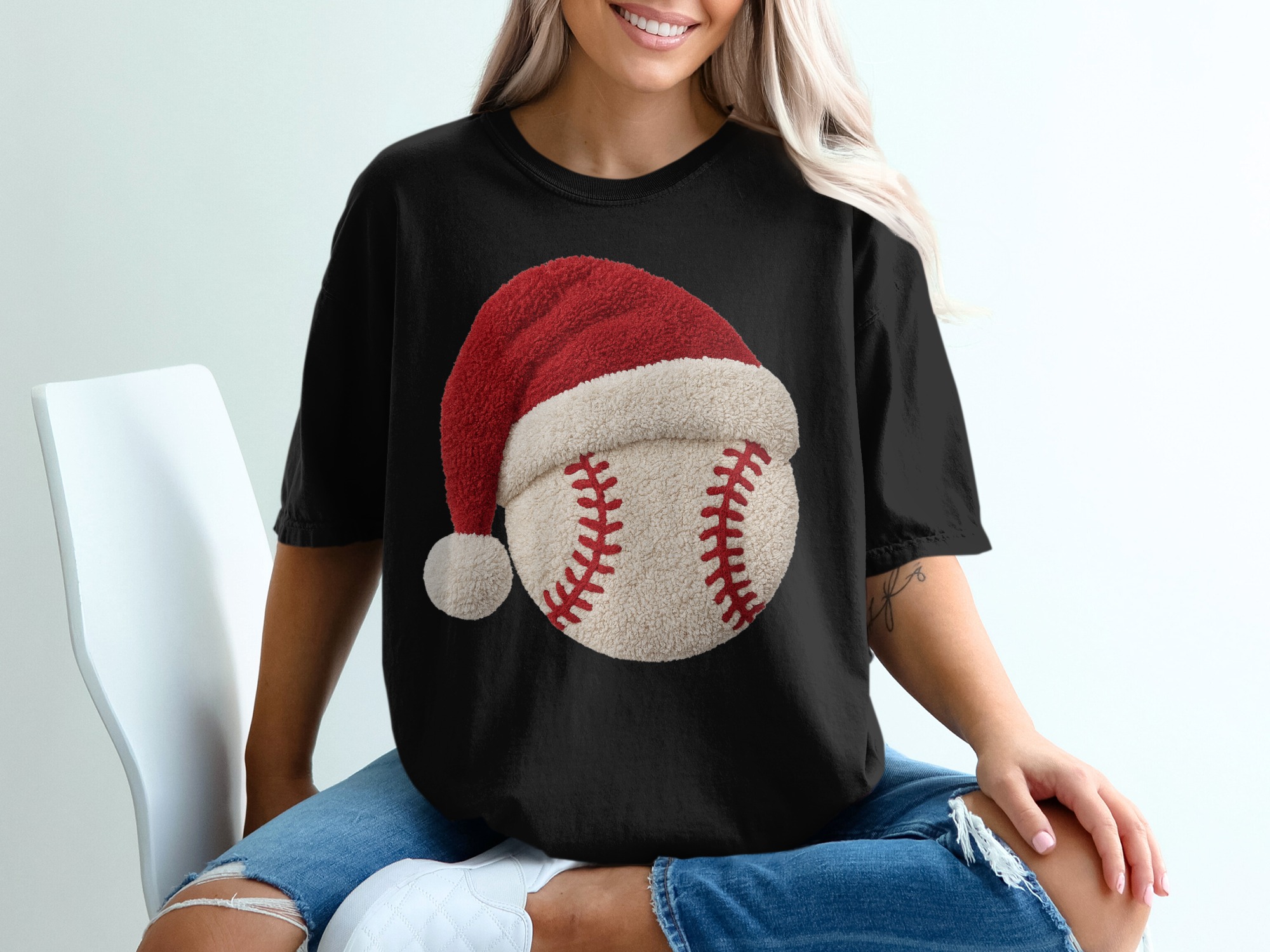 Christmas Baseball T-Shirt, Holiday Sport Tee, Santa Hat Baseball, Festive Baseball Gift, Baseball Lover Shirt, Winter Sports Tee - Image 2