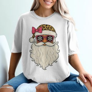 Leopard Santa T-Shirt, Pink Bow, Cool Santa, Snowflake Sunglasses, Holiday T-Shirt, Christmas Shirt, Festive T-Shirt, Trendy Santa Claus