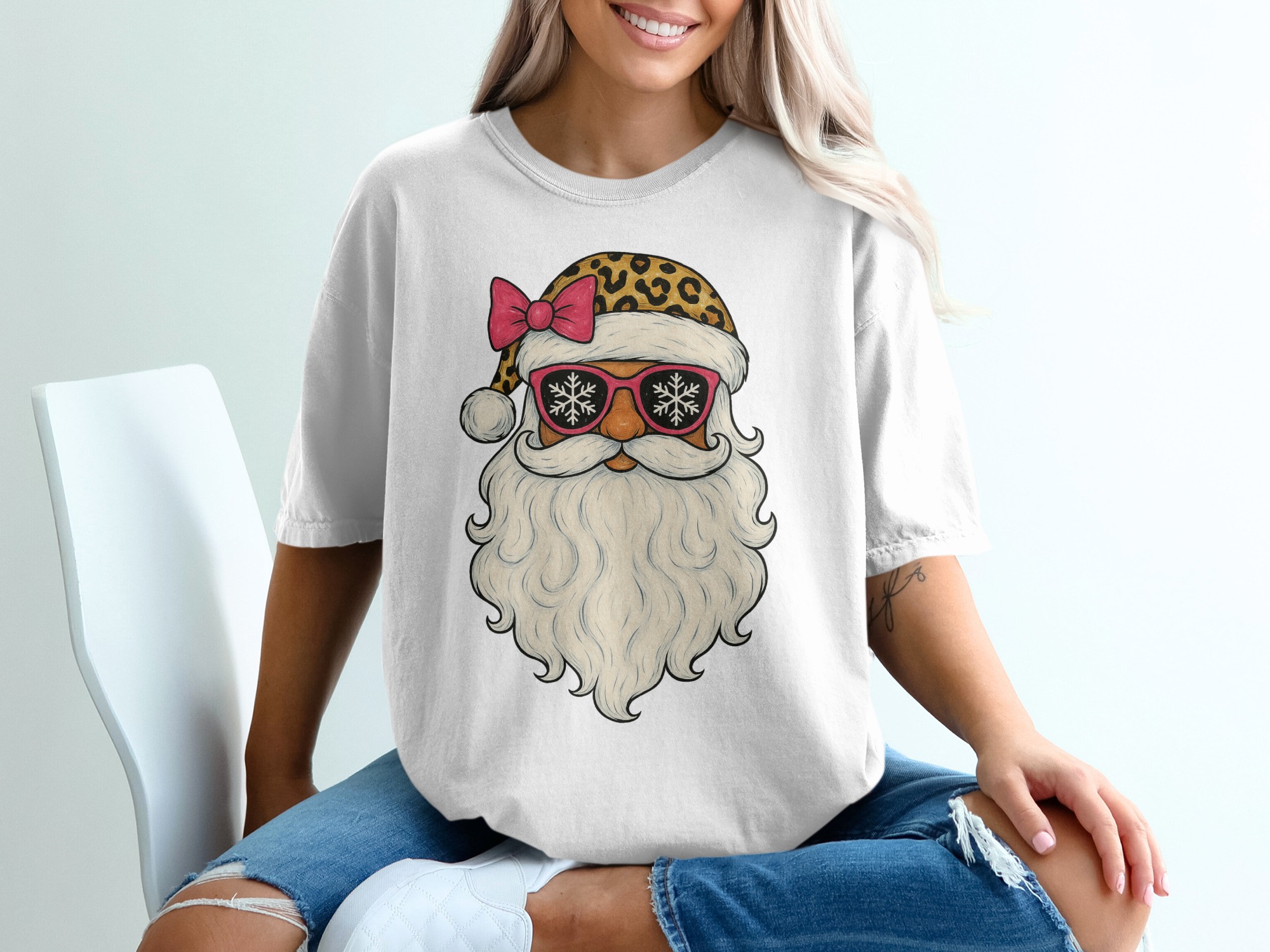 Leopard Santa T-Shirt, Pink Bow, Cool Santa, Snowflake Sunglasses, Holiday T-Shirt, Christmas Shirt, Festive T-Shirt, Trendy Santa Claus