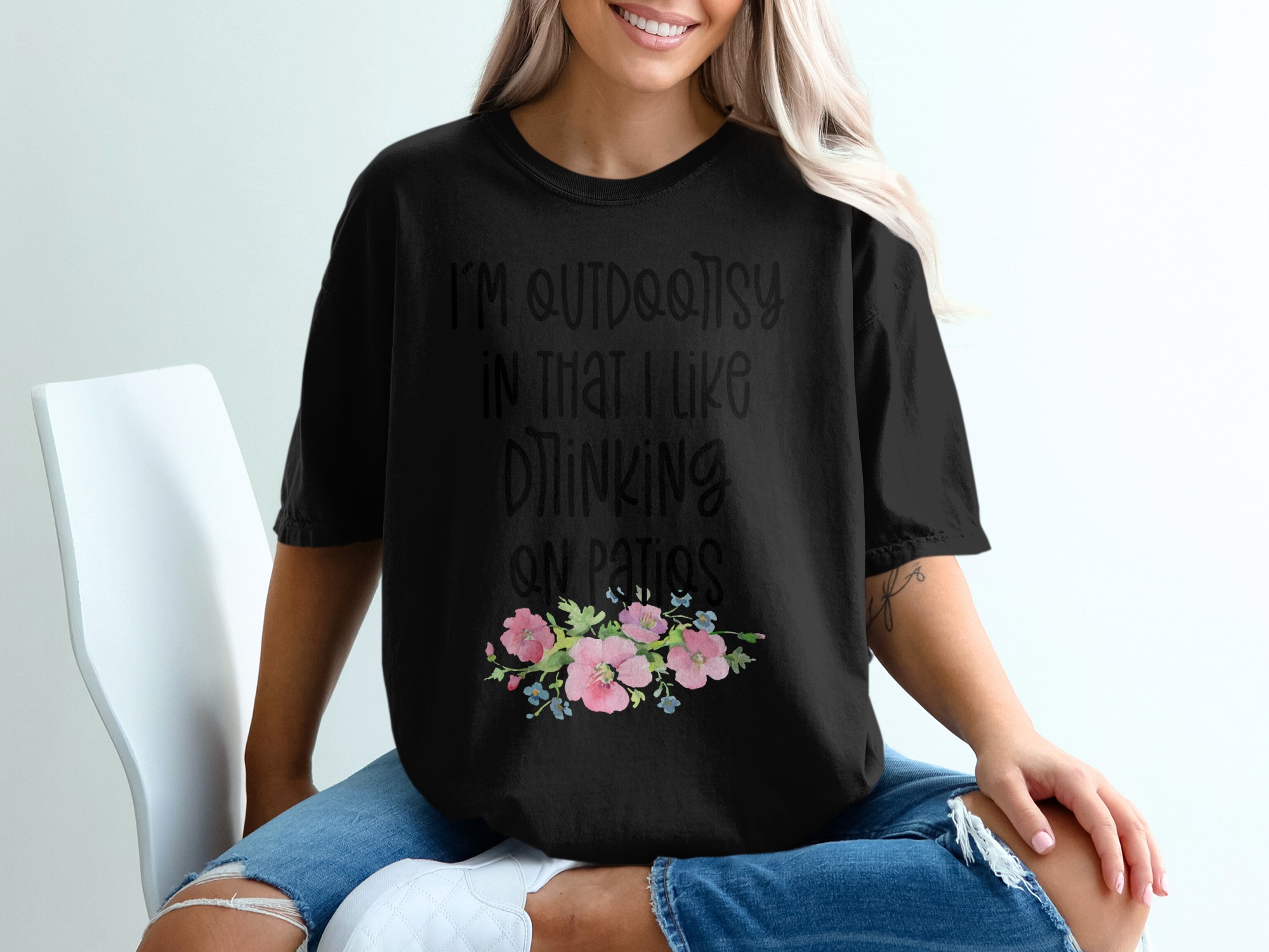 Outdoorsy Drinking Patios, Floral T-Shirt, Funny Drinking, Summer Patio TShirt, Floral Design, Trendy Drinking Shirt - Image 2