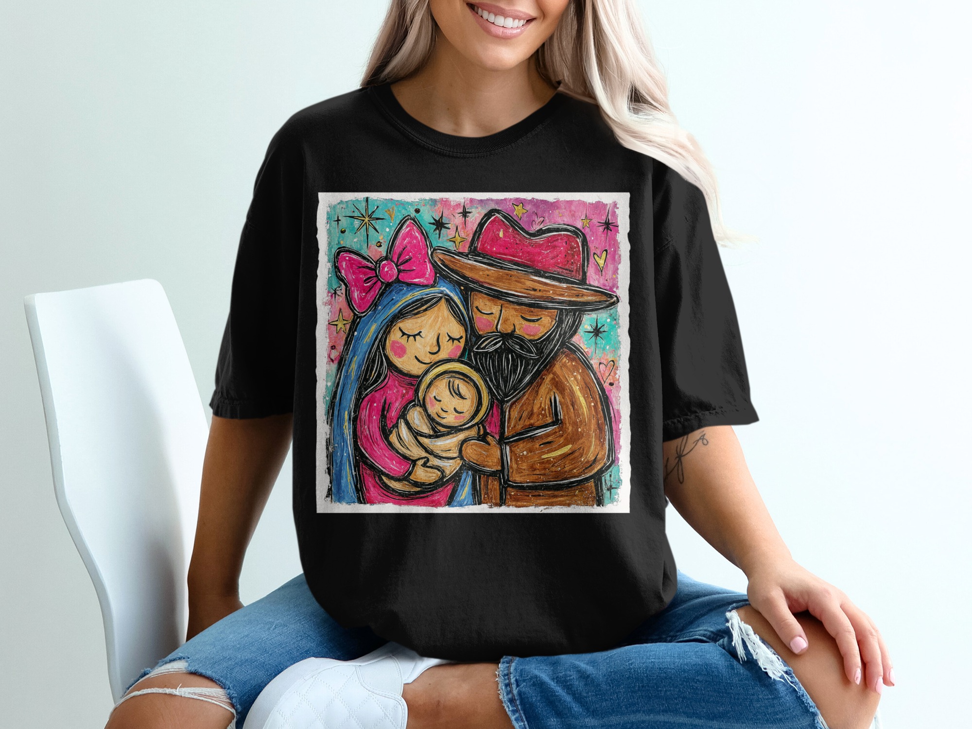 Nativity Scene T-Shirt, Christmas Family Art, Holy Family Tee, Religious Apparel, Christian Gift Idea, Holiday Season Top - Image 2
