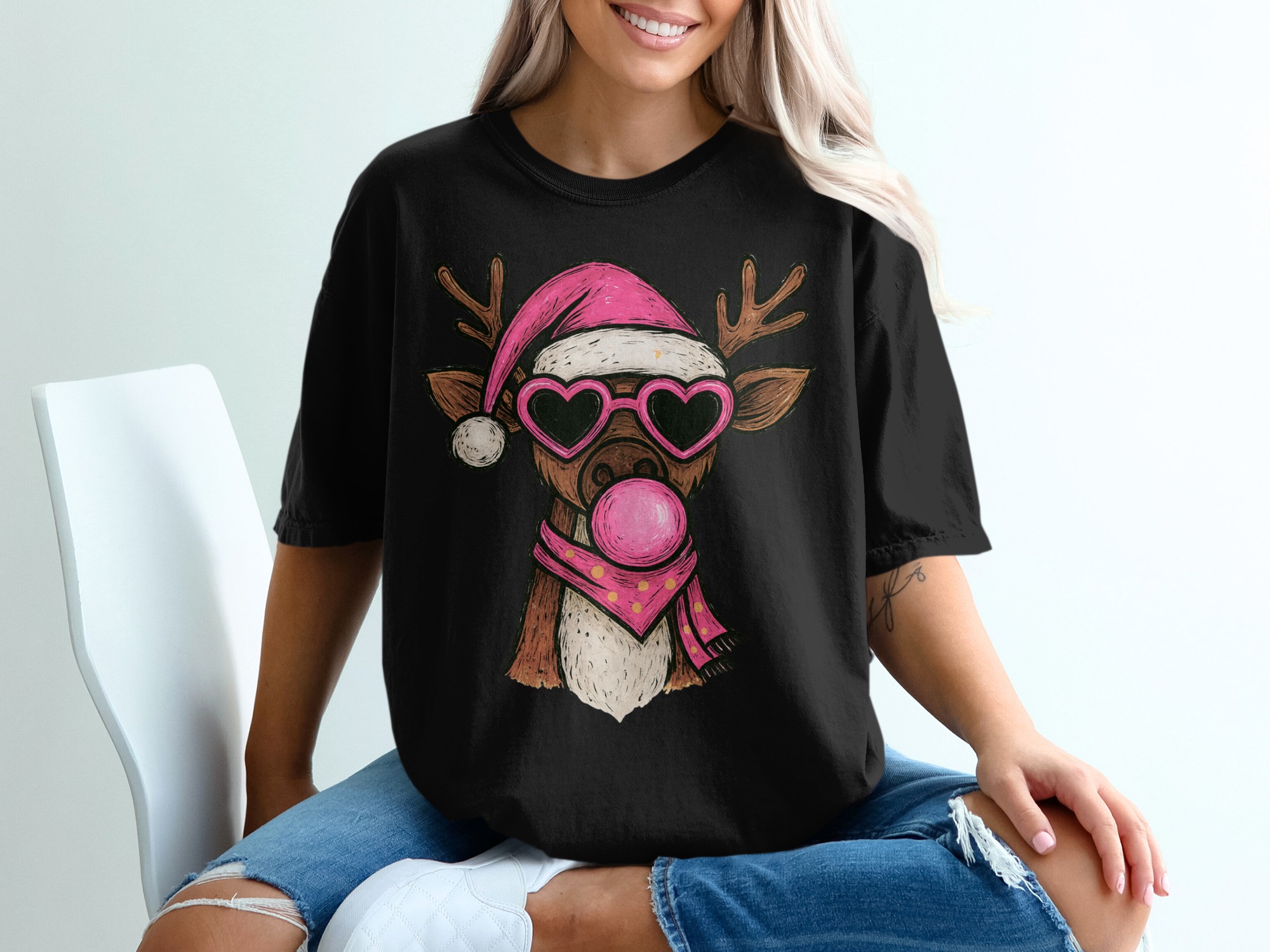 Cool Reindeer T-Shirt, Santa Hat, Heart Sunglasses, Bubblegum, Funny Christmas Tee, Holiday Outfit, Trendy Xmas Shirt - Image 2