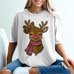 Cute Reindeer T-Shirt, Pink Nose, Scarf, Leopard Bow, Christmas Shirt, Holiday Gift, Cartoon Deer Shirt, Festive Outfit, Xmas TShirt