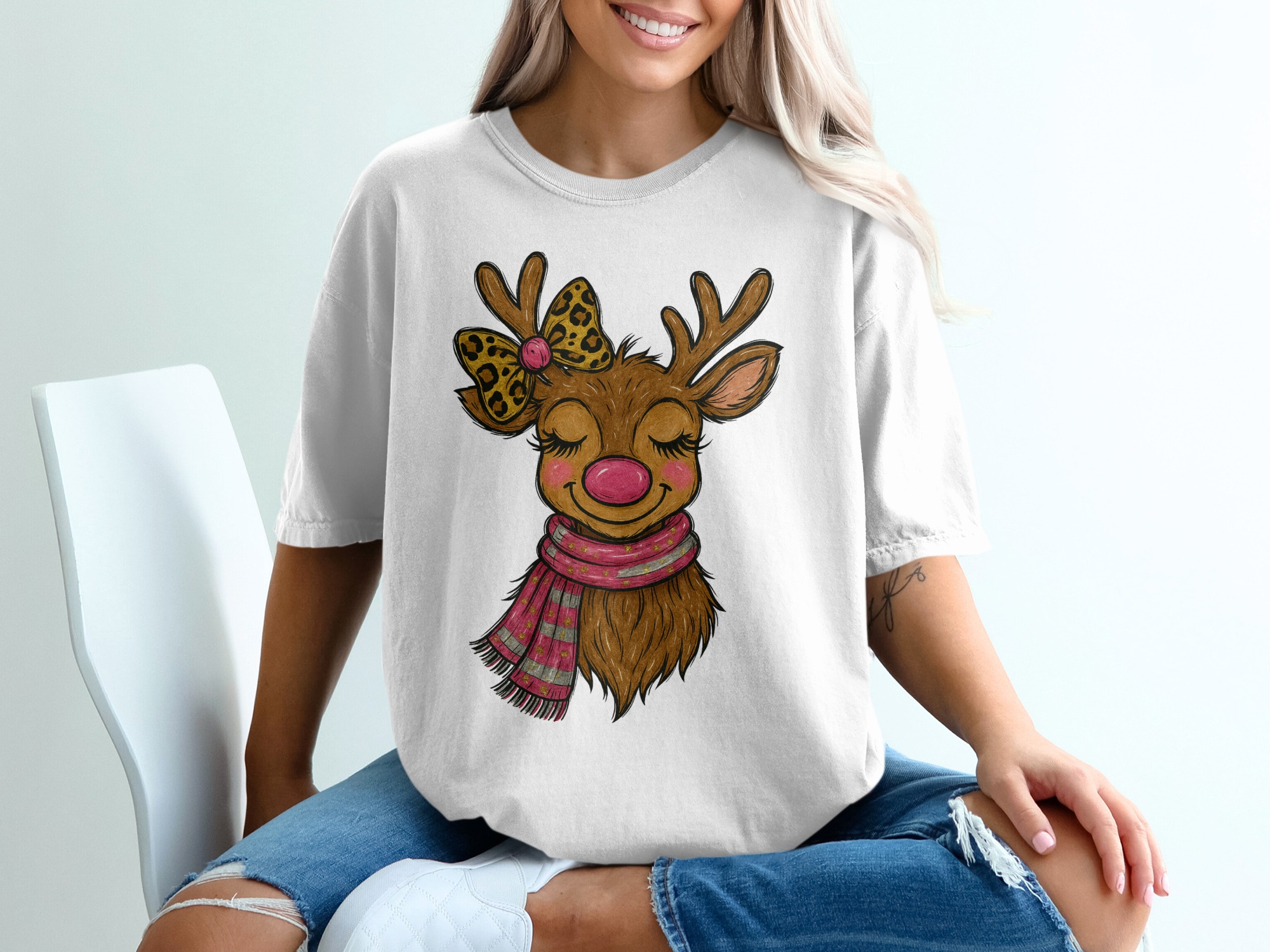 Cute Reindeer T-Shirt, Pink Nose, Scarf, Leopard Bow, Christmas Shirt, Holiday Gift, Cartoon Deer Shirt, Festive Outfit, Xmas TShirt