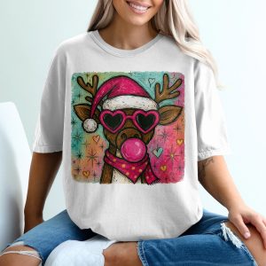 Reindeer Christmas T-Shirt, Funny Holiday Tee, Cute Animal Shirt, Santa Hat Shirt, Heart Sunglasses Shirt, Pink Bubble Gum Shirt