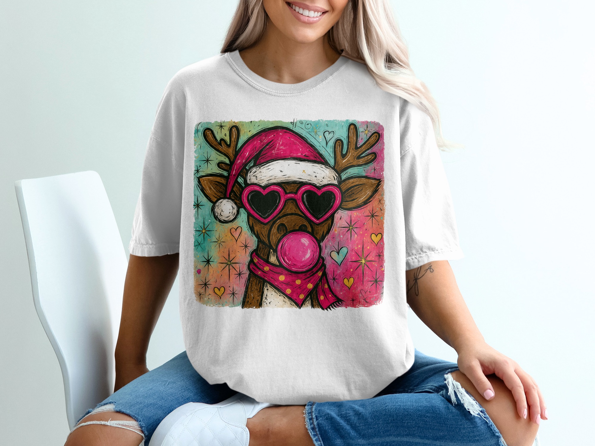 Reindeer Christmas T-Shirt, Funny Holiday Tee, Cute Animal Shirt, Santa Hat Shirt, Heart Sunglasses Shirt, Pink Bubble Gum Shirt