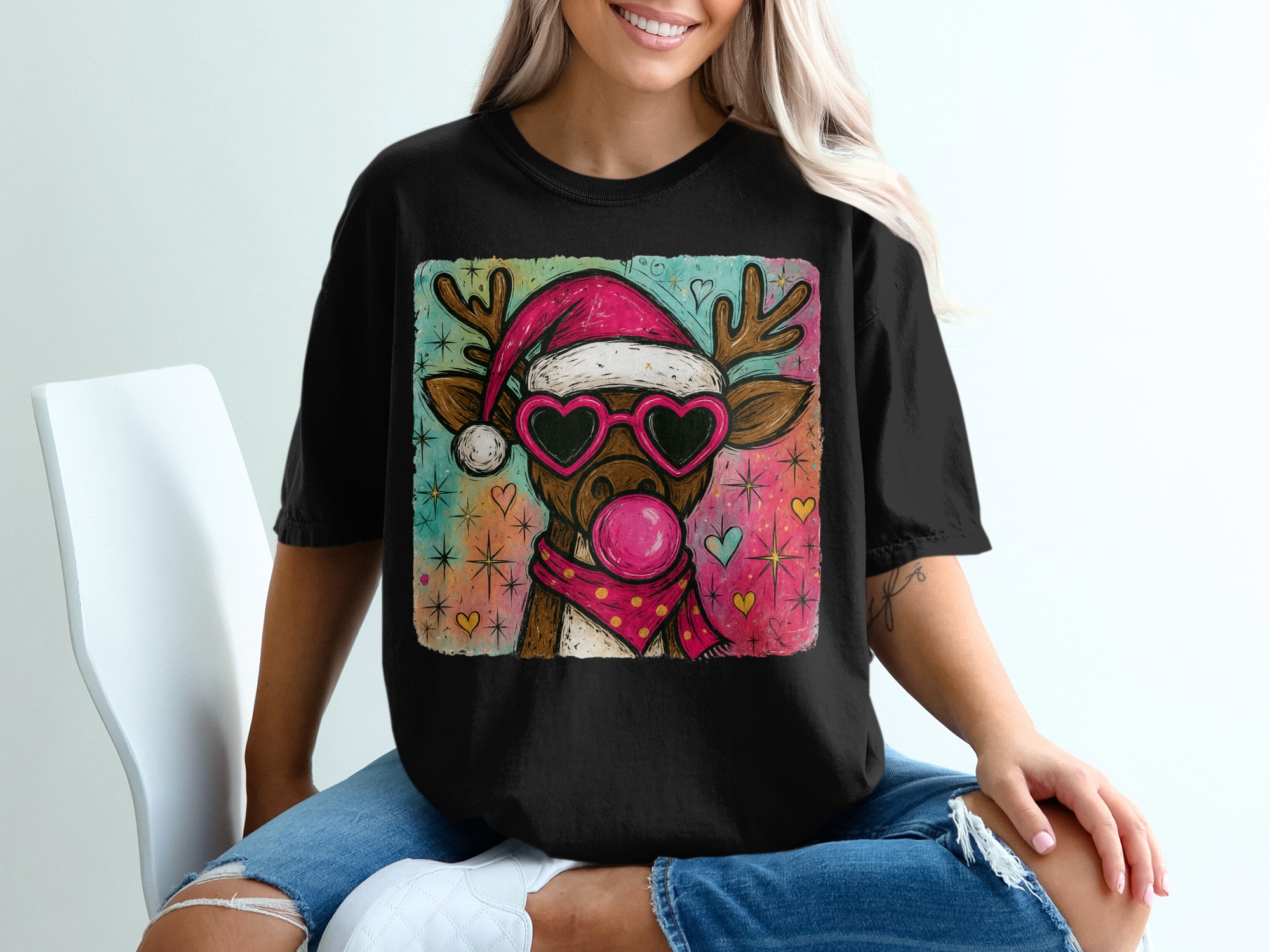 Reindeer Christmas T-Shirt, Funny Holiday Tee, Cute Animal Shirt, Santa Hat Shirt, Heart Sunglasses Shirt, Pink Bubble Gum Shirt - Image 2