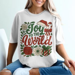 Joy To The World T-Shirt, Holiday Tee, Christmas Shirt, Santa Hat Shirt, Candy Cane Shirt, Floral T-Shirt, Gift Shirt, Festive Shirt