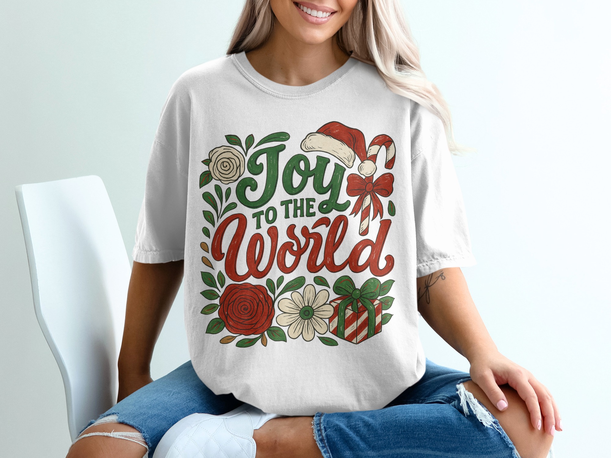 Joy To The World T-Shirt, Holiday Tee, Christmas Shirt, Santa Hat Shirt, Candy Cane Shirt, Floral T-Shirt, Gift Shirt, Festive Shirt