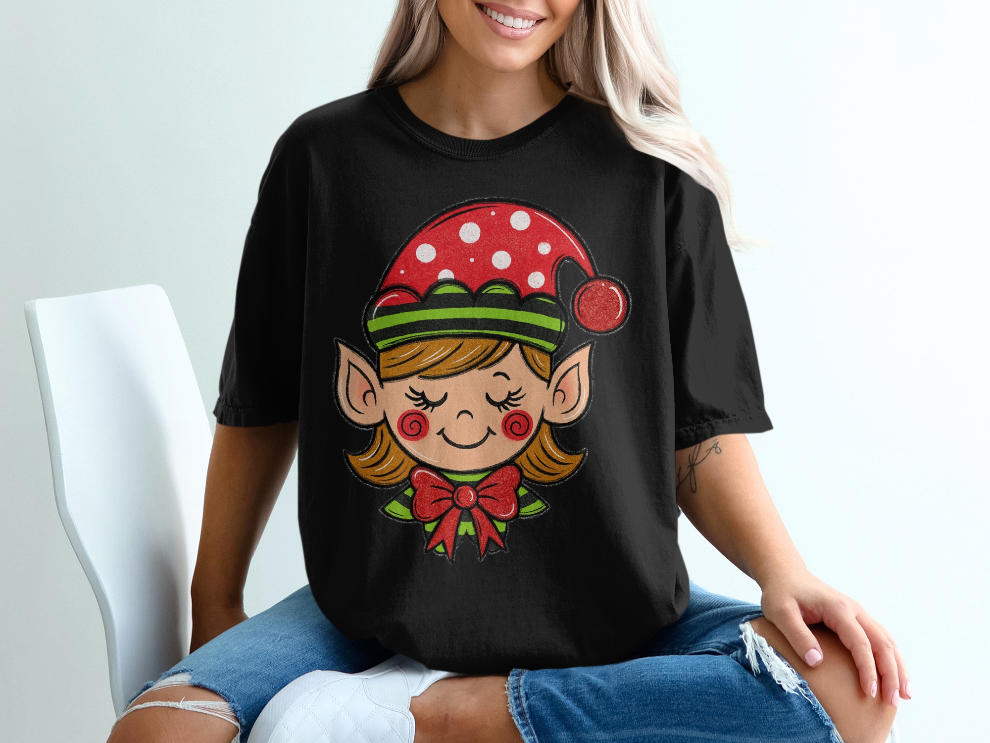 Cute Elf Face T-Shirt, Holiday Shirt, Christmas Elf Shirt, Festive Outfit, Holiday Apparel, Xmas Elf T Shirt, Christmas Gift Idea - Image 2