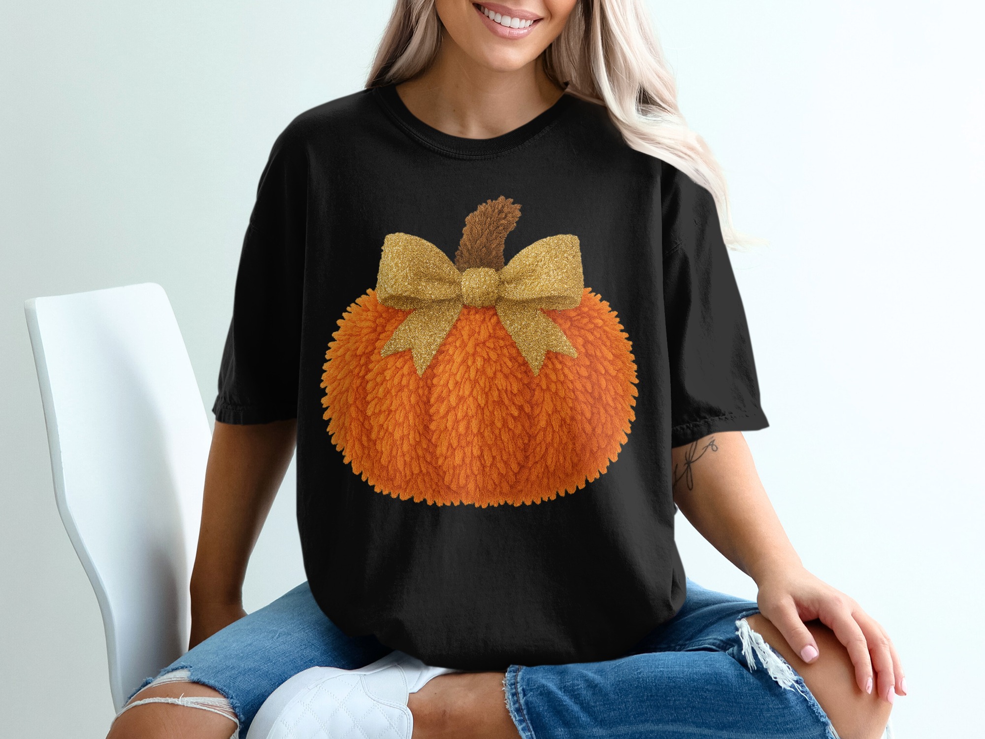 Cute Pumpkin T-Shirt, Autumn Harvest Tee, Fall Season T Shirt, Thanksgiving Gift, Festive Pumpkin Shirt, Holiday Tee, Pumpkin Bow Shirt - Image 2