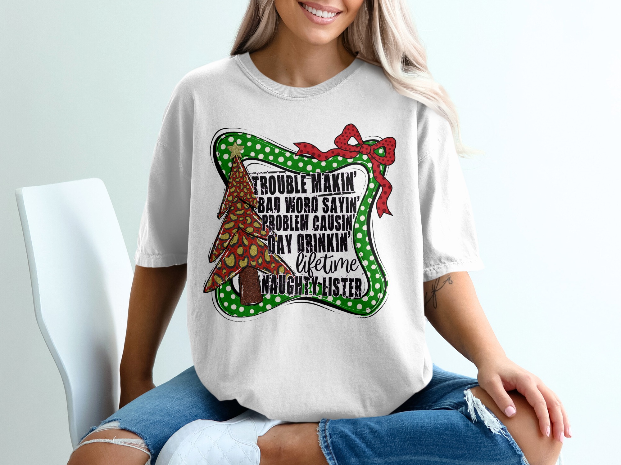 Funny Christmas T-Shirt, Naughty Lister Shirt, Trouble Maker Bad Word Day Drinkin, Holiday Tee, Christmas Party Tee, Adult Humor, Xmas Gift