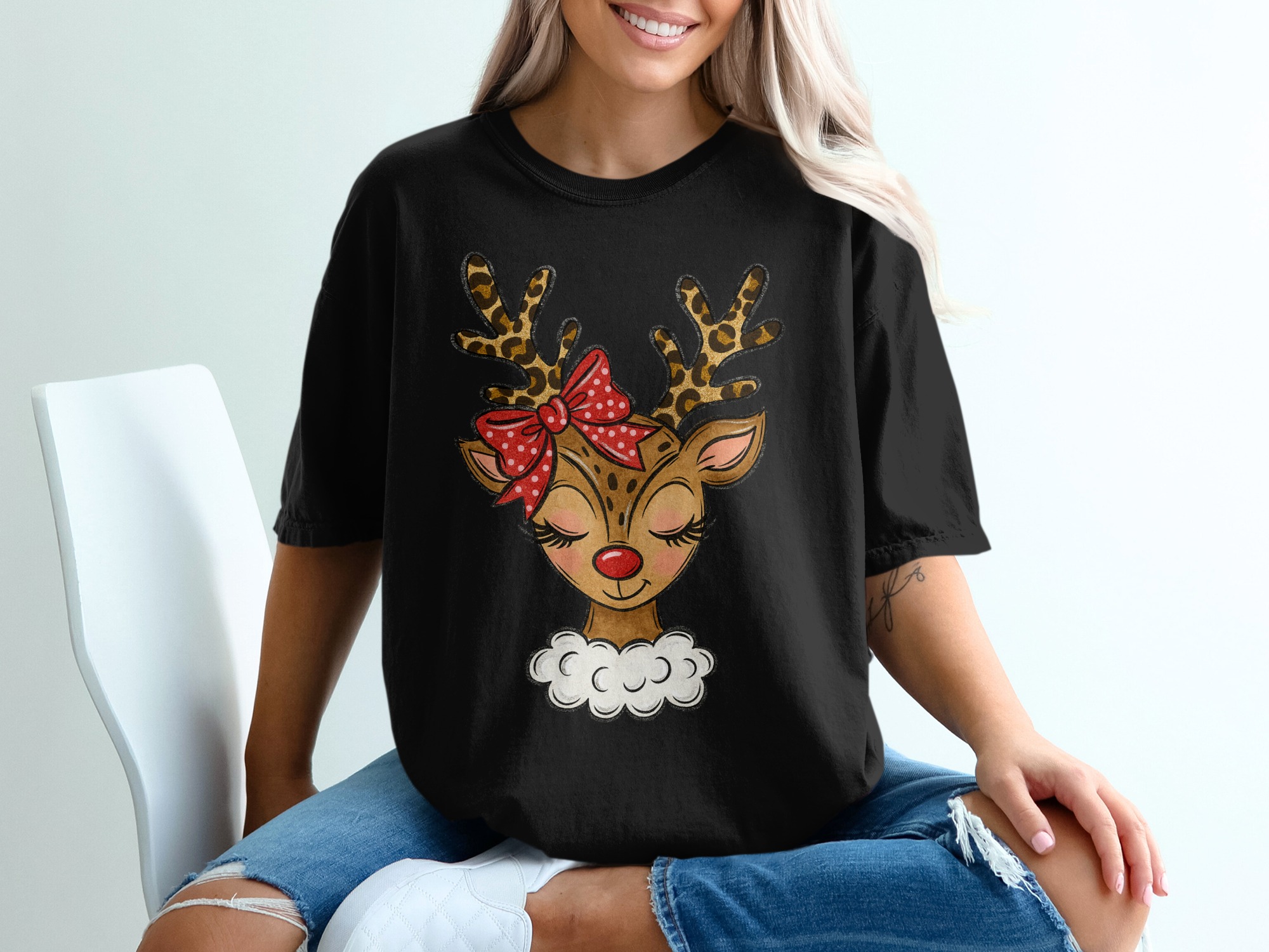 Cute Reindeer T-Shirt, Leopard Antlers, Polka Dot Bow, Whimsical Christmas Tee, Holiday Apparel, Festive Outfit, Gift Idea - Image 2