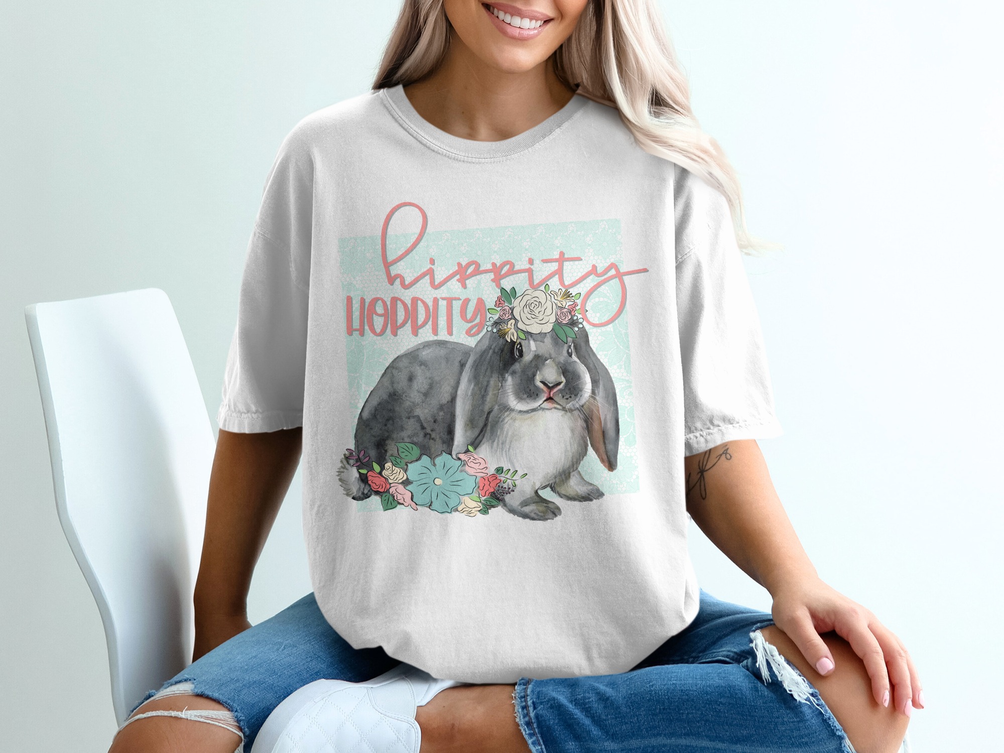 Hippity Hoppity Bunny Rabbit T-Shirt, Lop Ear, Floral Crown, Cute Bunny Tee, Easter Gift, Rabbit Lover, Watercolor Bunny, Pet T Shirt