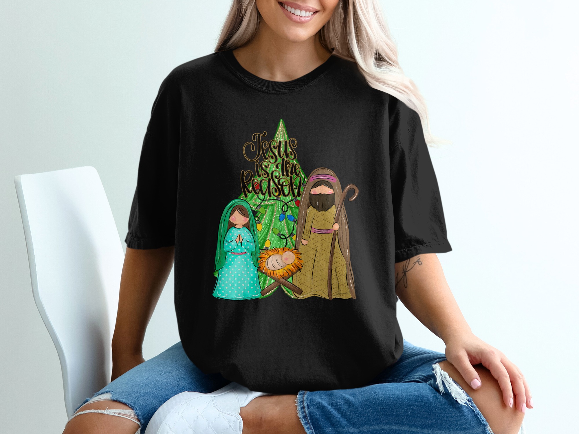 Jesus Is The Reason, Christmas Nativity Scene T-Shirt, Religious Holiday Tee, Christian Gift Idea, Holiday Apparel, Merry Christmas - Image 2