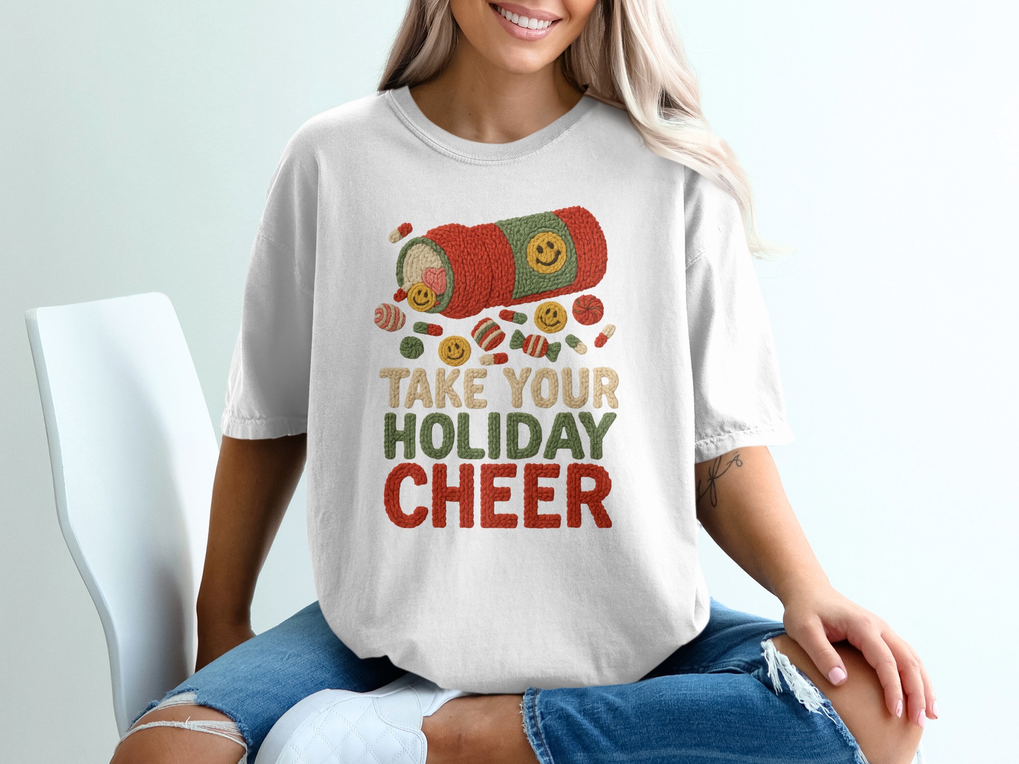 Holiday Cheer T-Shirt, Festive Tee, Christmas T Shirt, Smiley Face Shirt, Unique Gift Idea, Seasonal Apparel, Cheerful Design