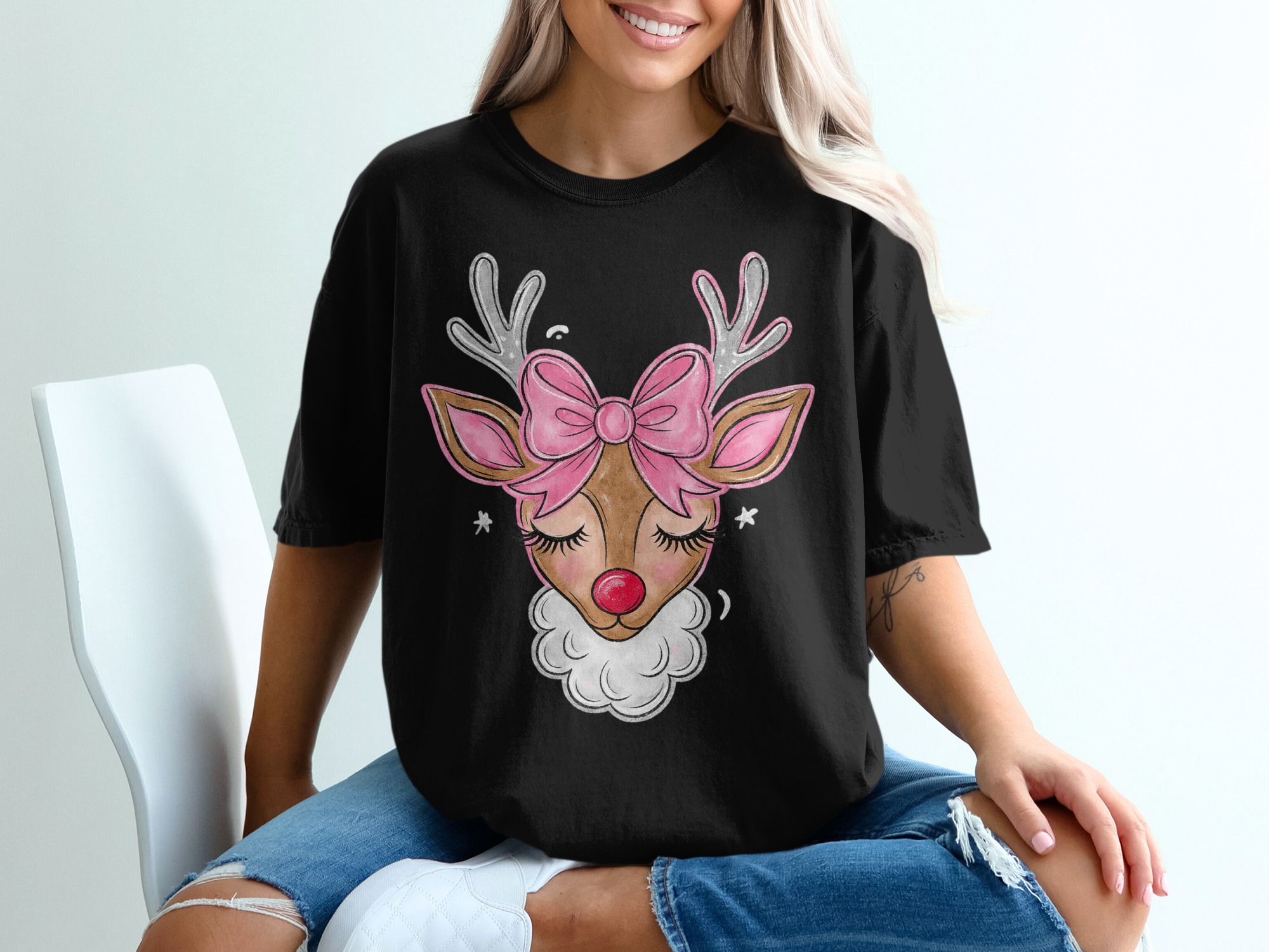 Cute Reindeer T-Shirt, Pink Bow Reindeer, Christmas Tee, Holiday Apparel, Festive Gift, Xmas Shirt, Cartoon Deer, TShirt, Christmas Gifts - Image 2