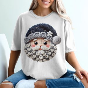 Knitted Santa T-Shirt, Festive Christmas Tee, Holiday Apparel, Winter Clothing, Unique Design Santa T Shirt, Santa Face T Shirt