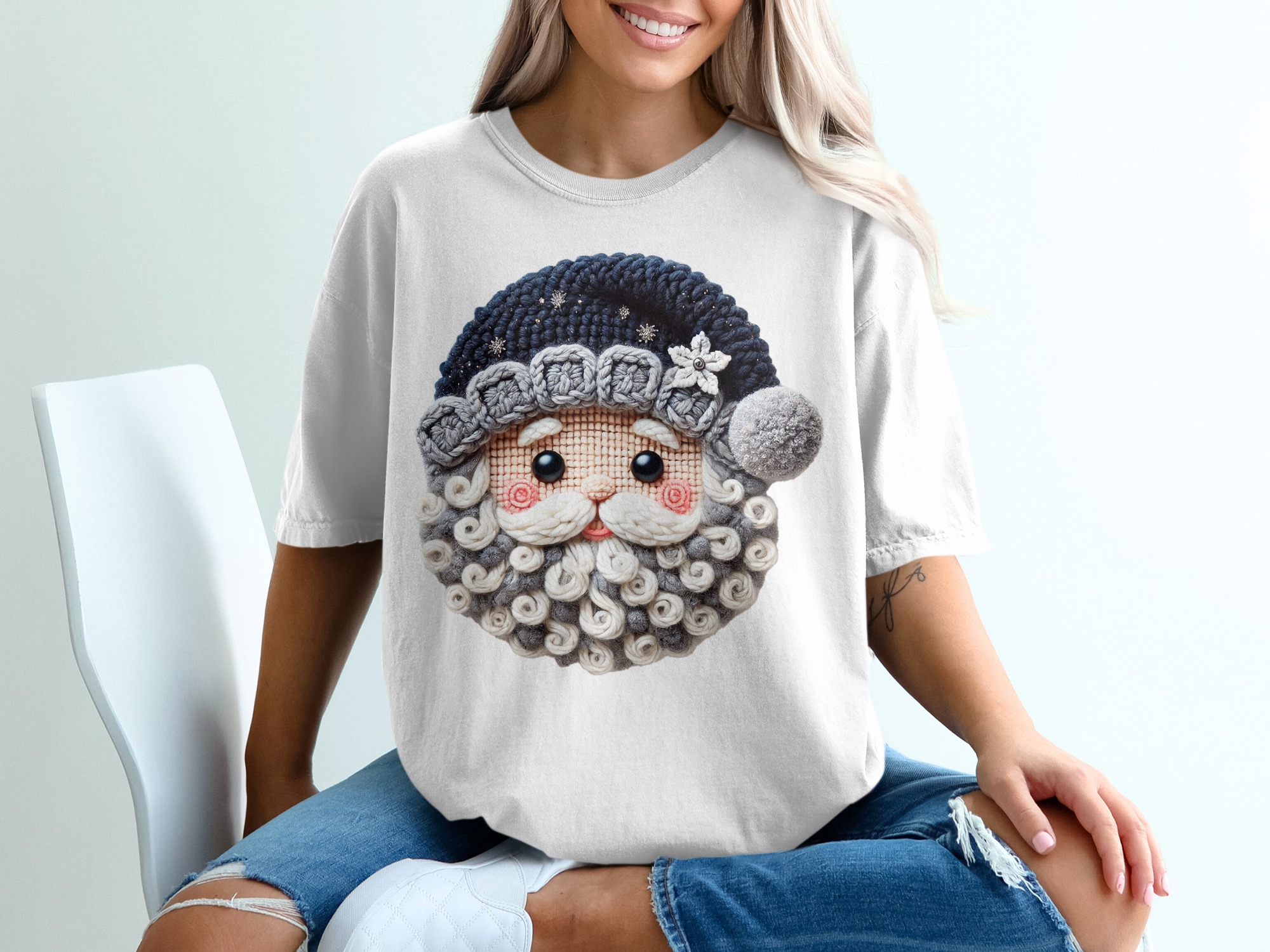 Knitted Santa T-Shirt, Festive Christmas Tee, Holiday Apparel, Winter Clothing, Unique Design Santa T Shirt, Santa Face T Shirt