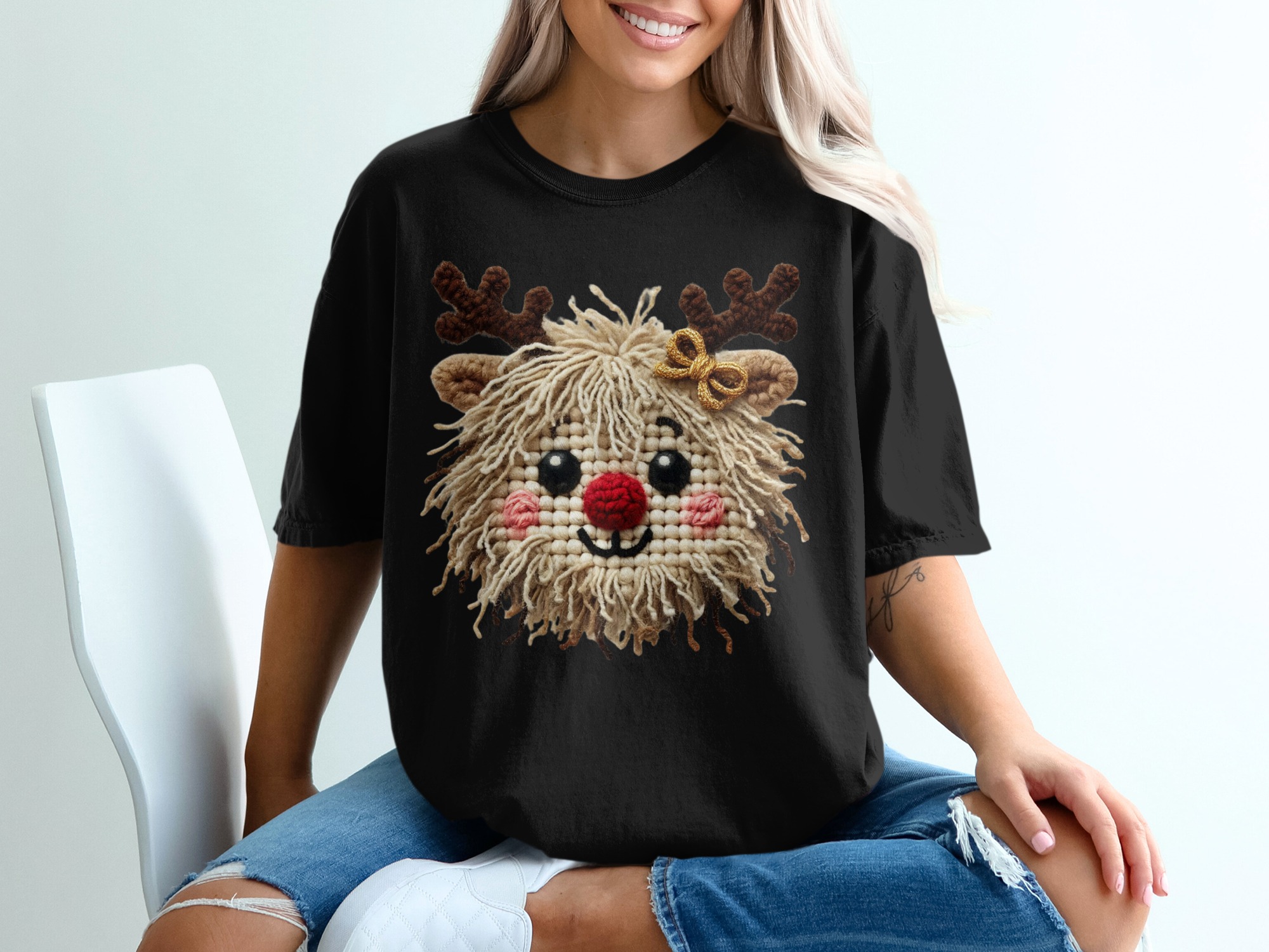 Rudolph T-Shirt, Christmas Reindeer Tee, Cute Holiday Apparel, Festive Gift, Unisex Shirt, Xmas Outfit, Knitted Reindeer Design - Image 2
