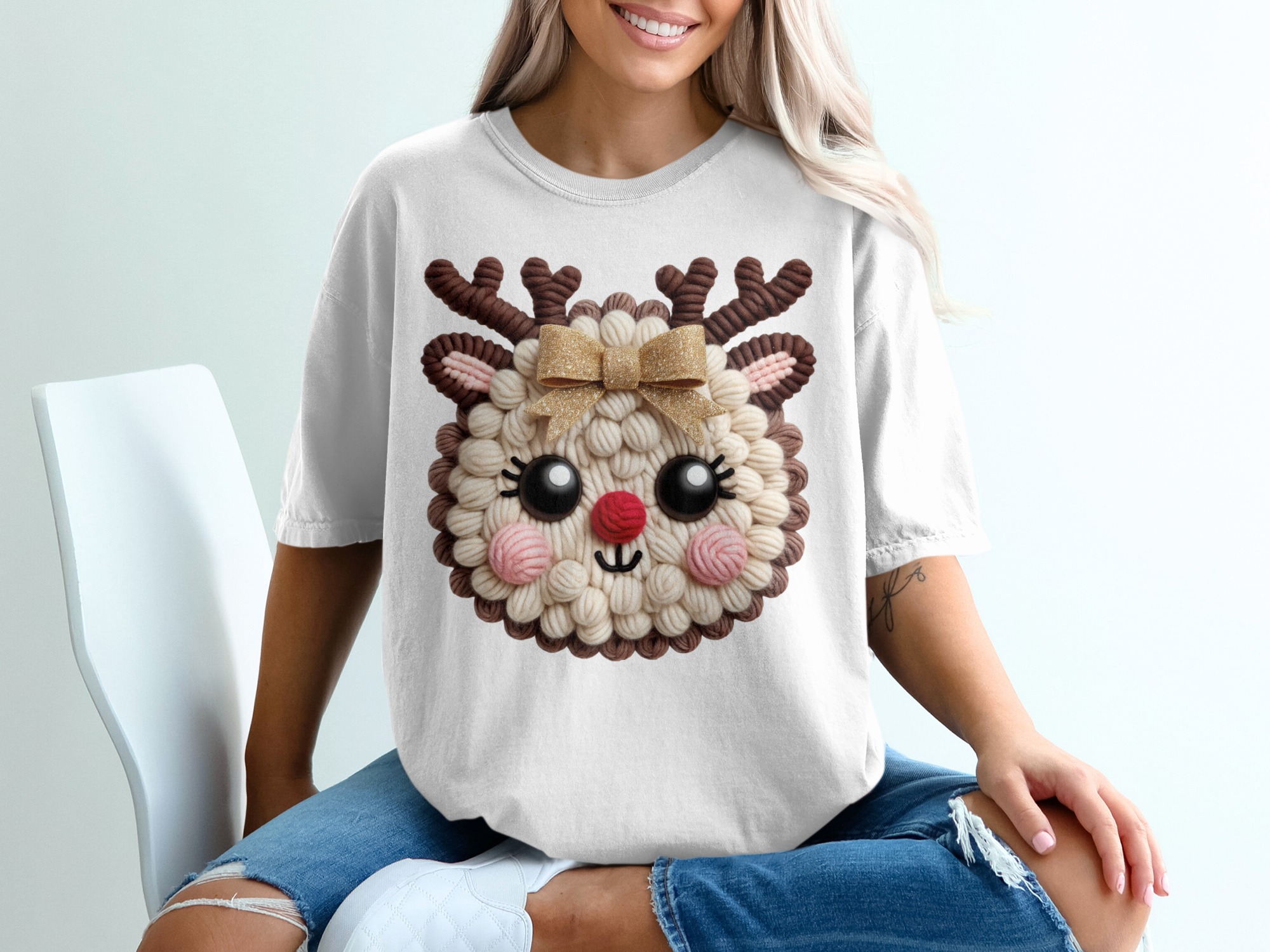 Cute Reindeer T-Shirt, Knitted Style Design, Holiday Apparel, Christmas Gift Idea, Festive Clothing, Unique Graphic Tee