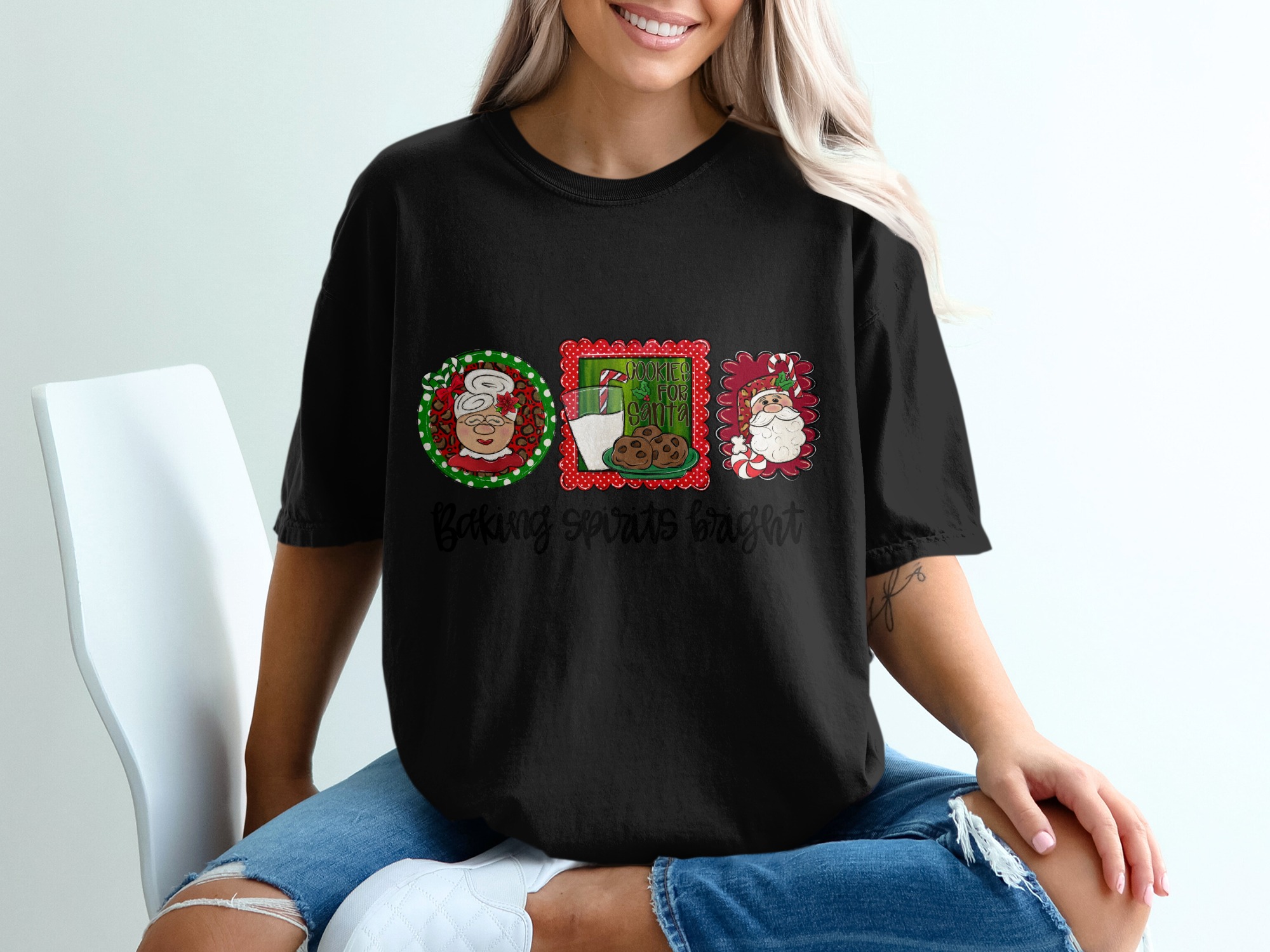 Baking Spirits Bright T-Shirt, Holiday Tee, Christmas Shirt, Santa Shirt, Mrs Claus, Cookie Shirt, Baking Shirt, Festive Gift Idea - Image 2