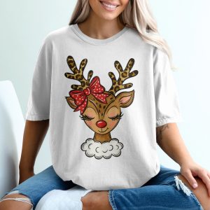 Cute Reindeer T-Shirt, Leopard Antlers, Polka Dot Bow, Whimsical Christmas Tee, Holiday Apparel, Festive Outfit, Gift Idea