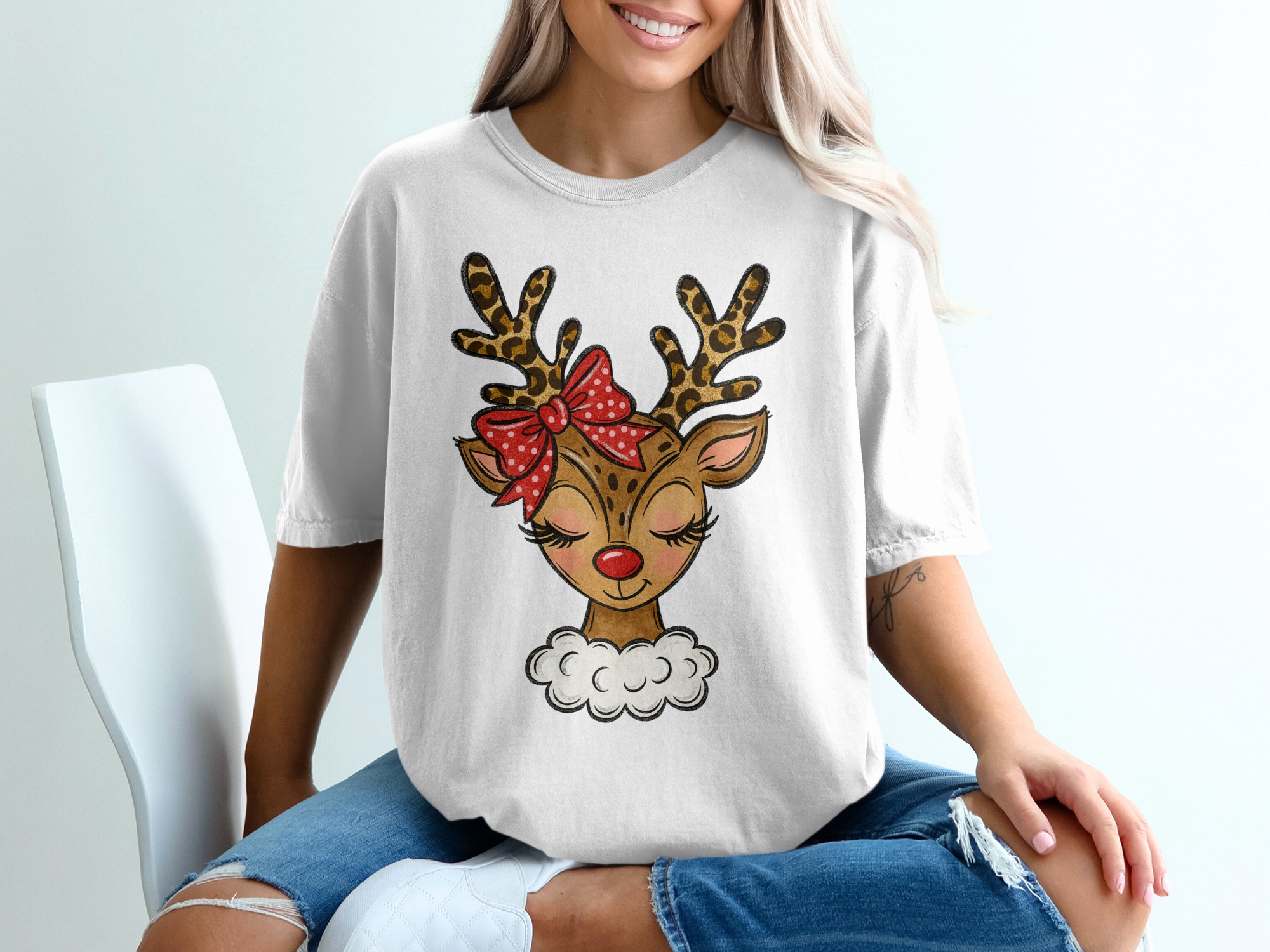 Cute Reindeer T-Shirt, Leopard Antlers, Polka Dot Bow, Whimsical Christmas Tee, Holiday Apparel, Festive Outfit, Gift Idea
