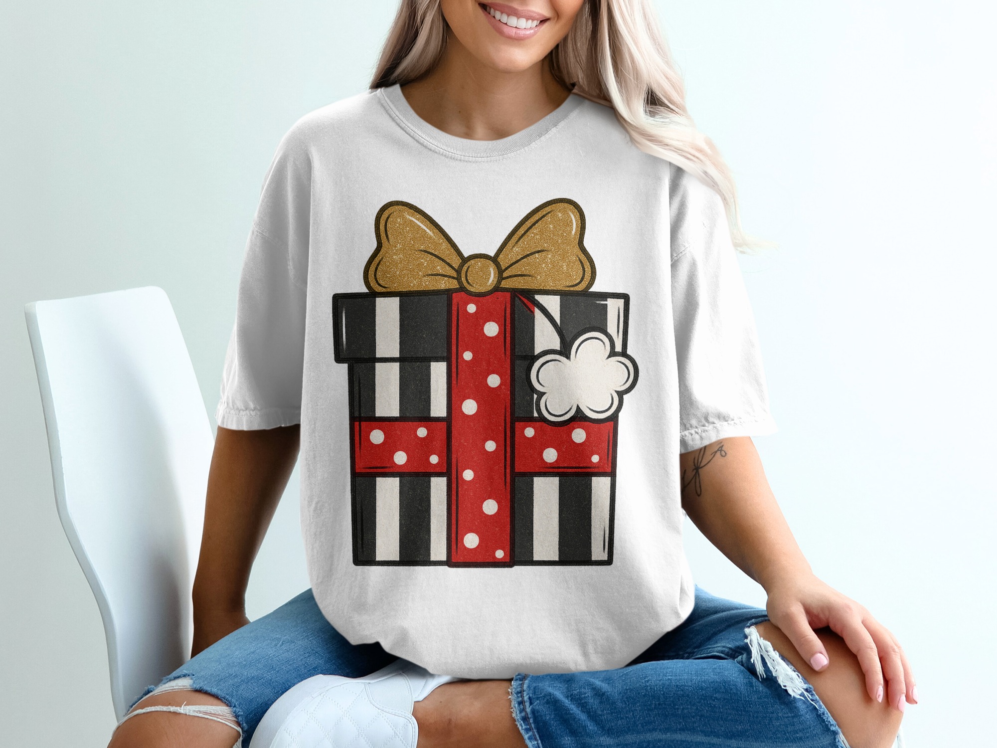 Present Box T-Shirt, Stylish Gift T Shirt, Holiday Tee, Striped Giftbox Shirt, Trendy Christmas Tee, TShirt for Gift Giver