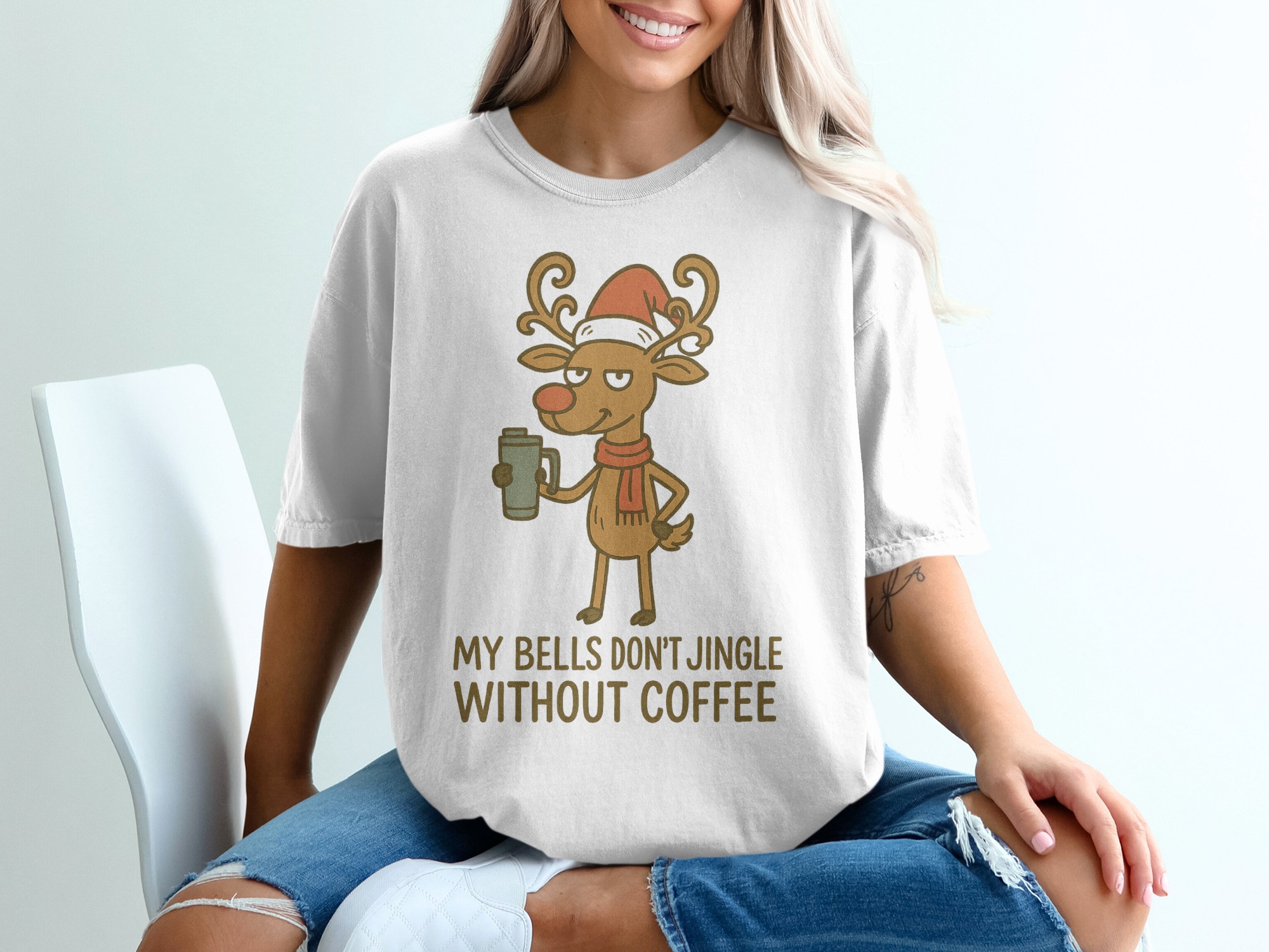 Funny Reindeer Coffee T-Shirt, Christmas Tee, Holiday Humor, Coffee Lover Gift, Winter Apparel, Festive Shirt, Cute Animal Design