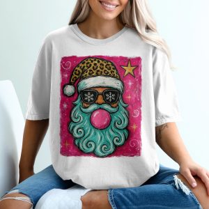 Cool Santa Claus T-Shirt, Leopard Santa, Snowflake Sunglasses, Funny Santa, Christmas Tee, Trendy Xmas Gift, Santa with Bubblegum