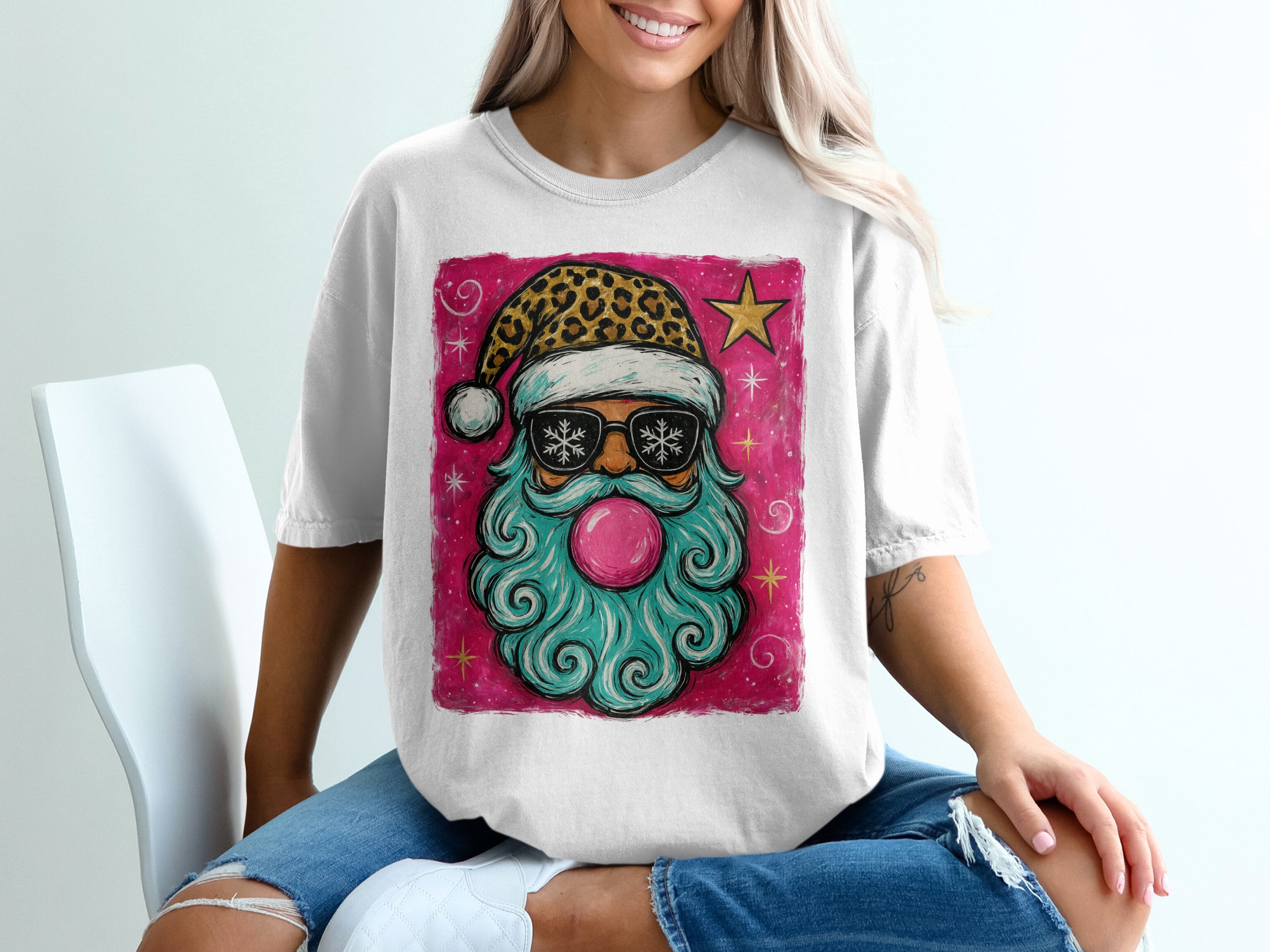 Cool Santa Claus T-Shirt, Leopard Santa, Snowflake Sunglasses, Funny Santa, Christmas Tee, Trendy Xmas Gift, Santa with Bubblegum