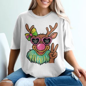 Cool Reindeer T-Shirt, Fun Holiday Tee, Heart Sunglasses, Peace Sign, Whimsical Christmas Shirt, Cute Xmas Gift, Festive Apparel