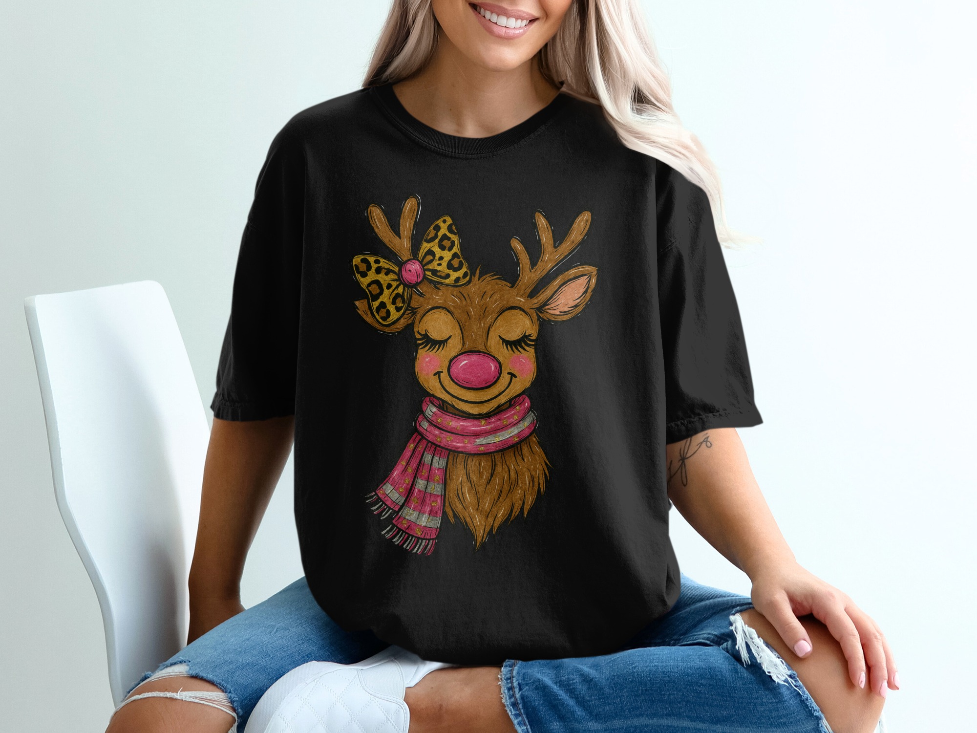 Cute Reindeer T-Shirt, Pink Nose, Scarf, Leopard Bow, Christmas Shirt, Holiday Gift, Cartoon Deer Shirt, Festive Outfit, Xmas TShirt - Image 2