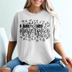 I Am His Masterpiece T-Shirt, Christian Shirt, Leopard Print Tee, Ephesians 2 10 Bible Verse Shirt, Inspirational Gift for Women, Faith Tee