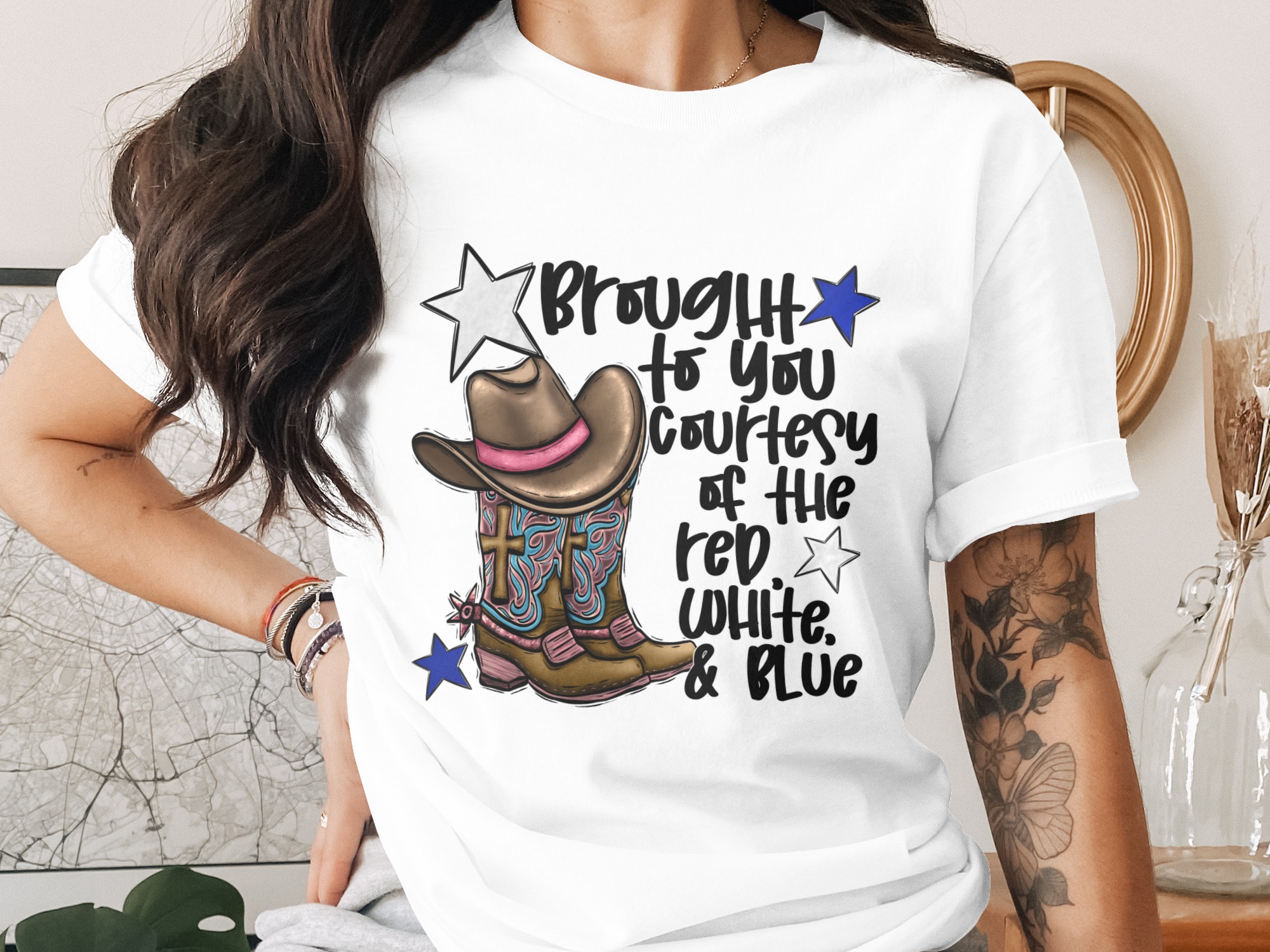 Red White Blue Cowboy Boots Hat Digital Download, Patriotic PNG Sublimation Design, American Western Graphic, USA Flag Design